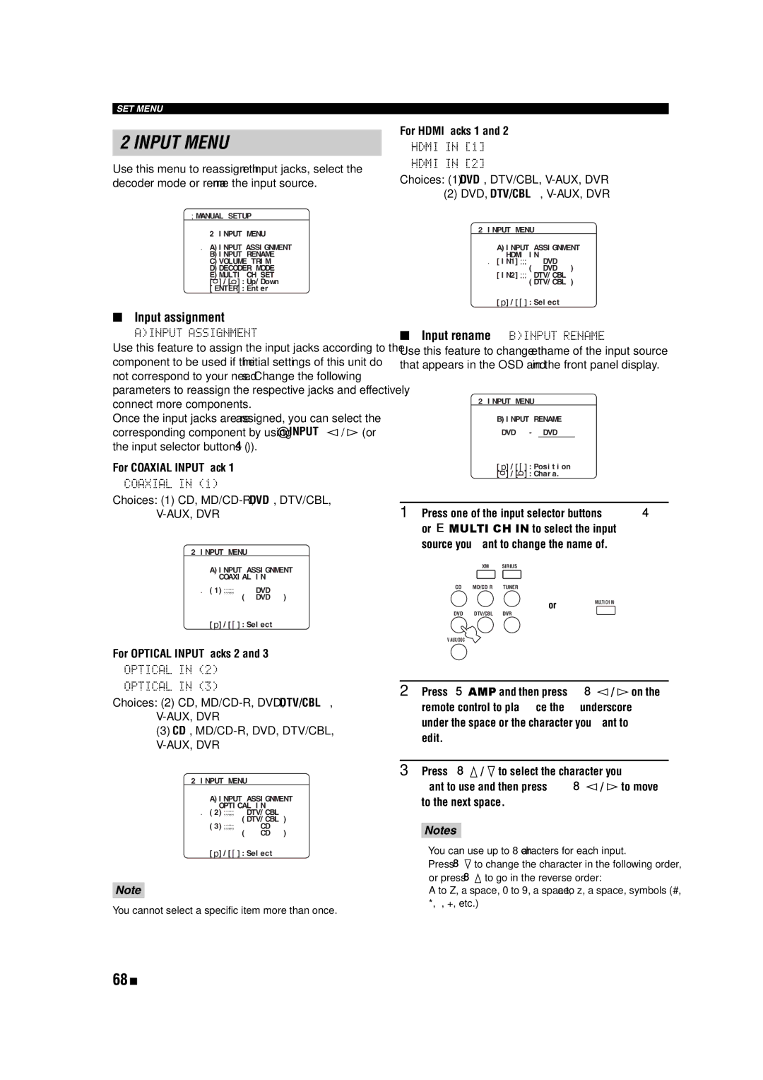 Yamaha RX-V463 owner manual 68 En, Input assignment, For Coaxial Input jack, For Optical Input jacks 2, For Hdmi jacks 1 