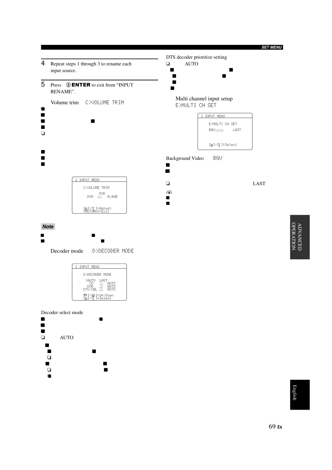 Yamaha RX-V463 69 En, Multi channel input setup, DTS decoder prioritize setting, Background Video BGV, Decoder select mode 