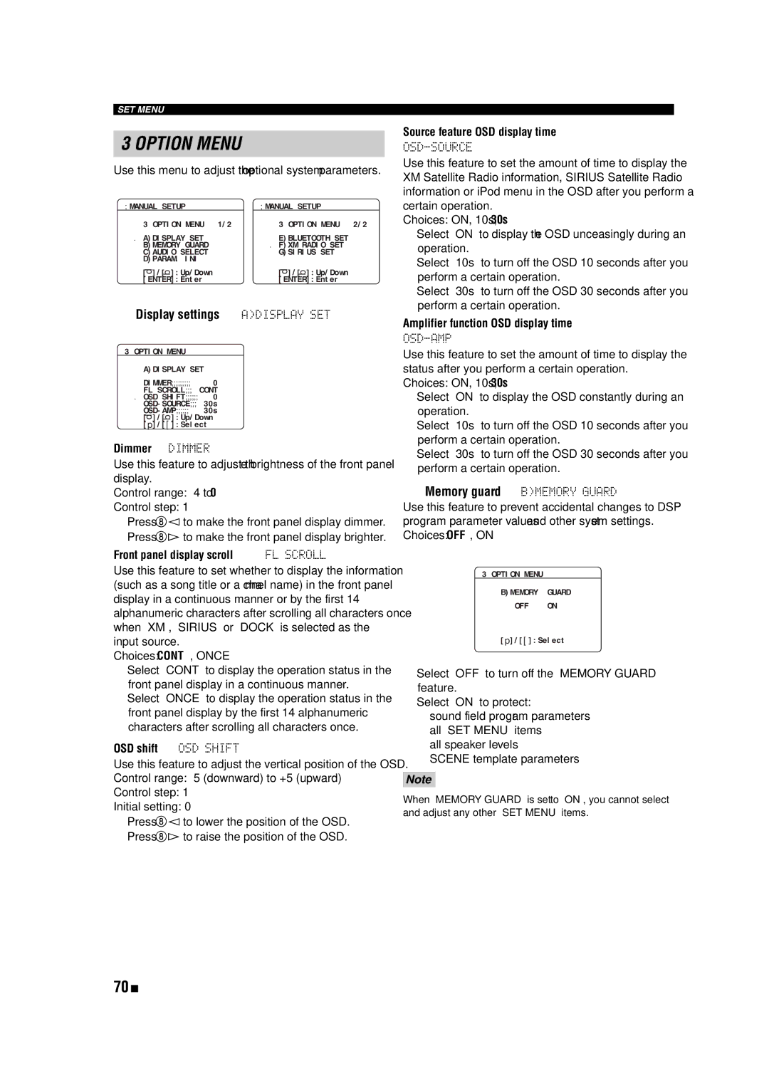 Yamaha RX-V463 owner manual 70 En, Display settings Adisplay SET 