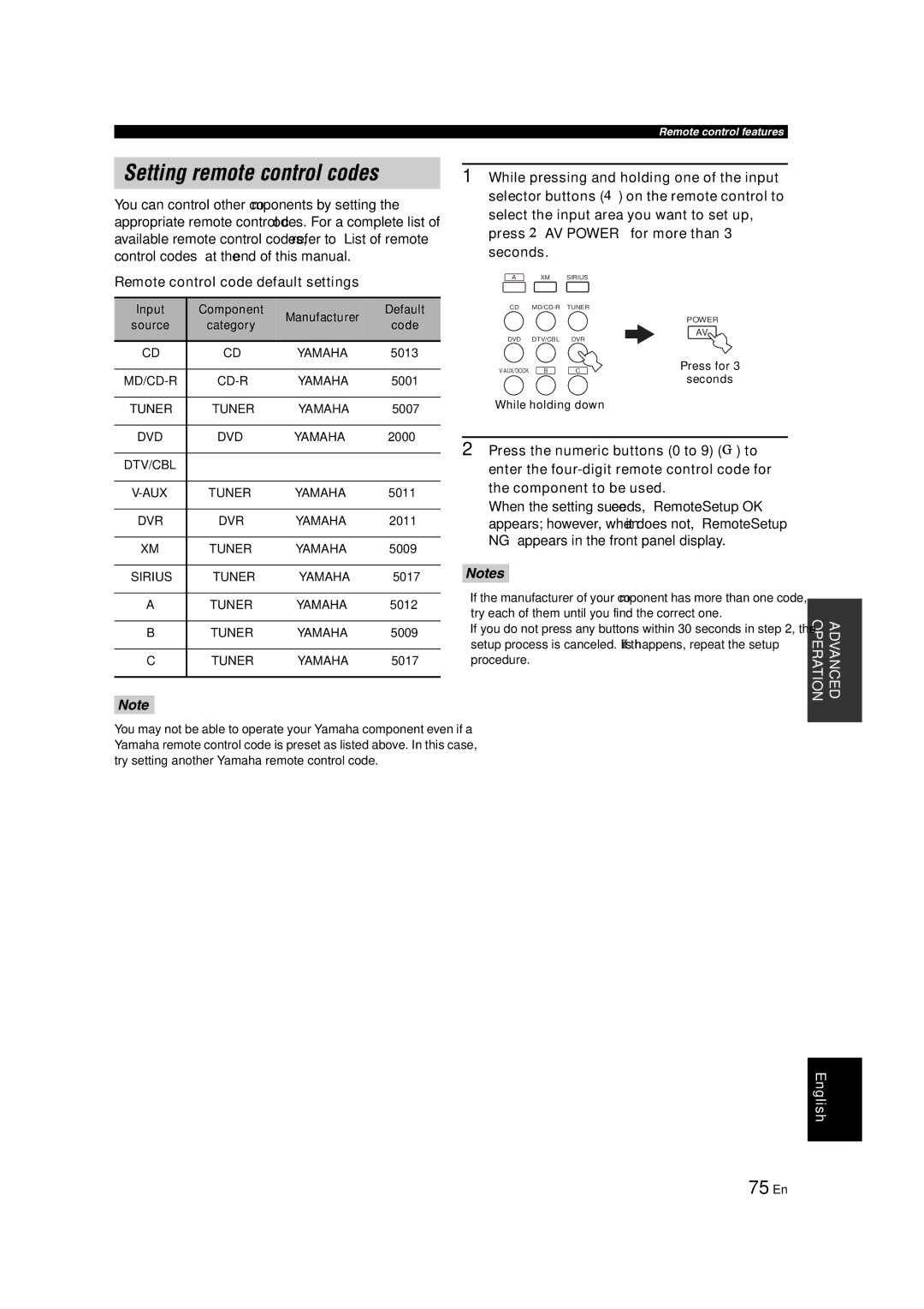 Yamaha RX-V463 owner manual Setting remote control codes, 75 En, Remote control code default settings 