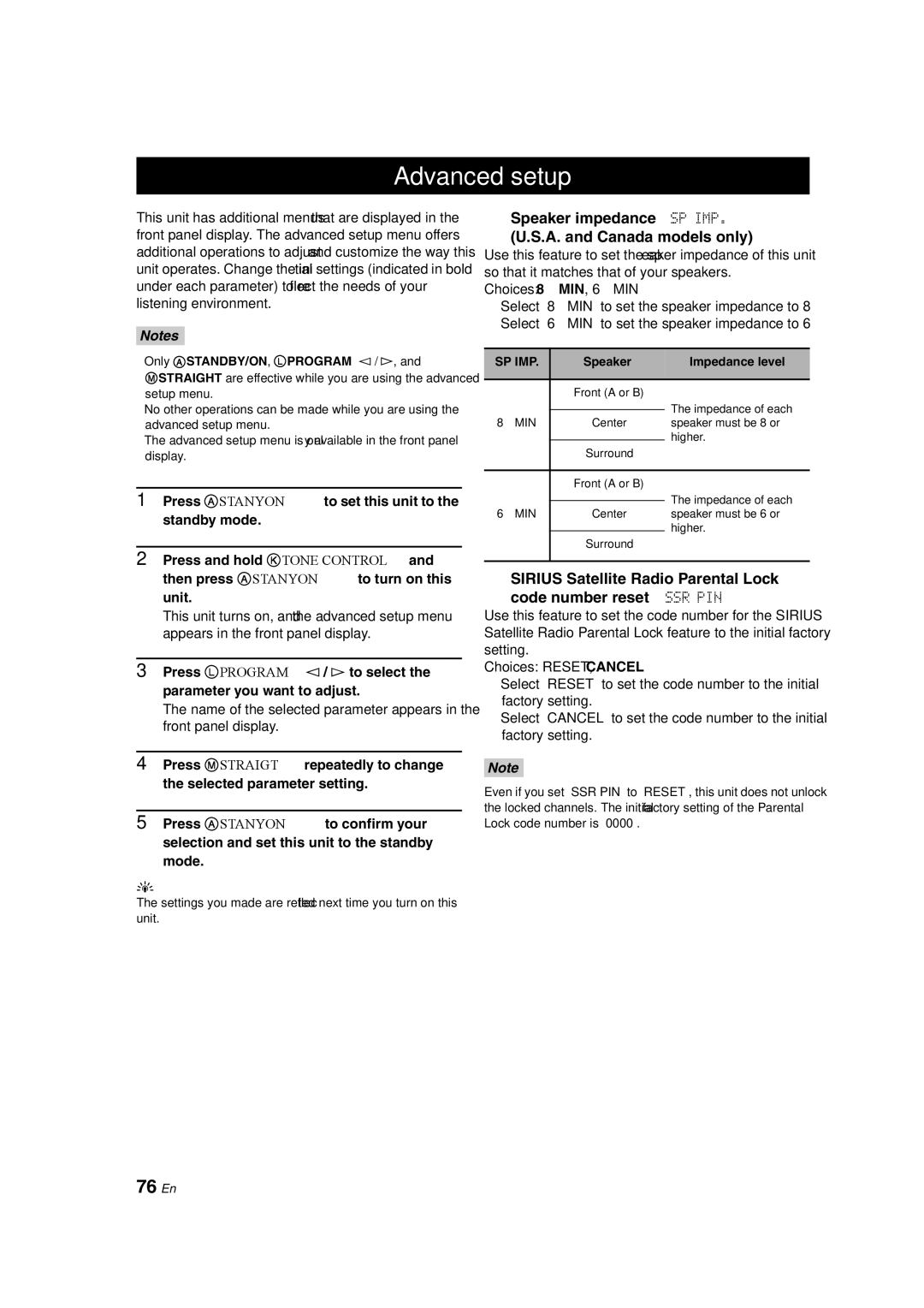 Yamaha RX-V463 Advanced setup, 76 En, Speaker impedance SP IMP A. and Canada models only, Speaker Impedance level 