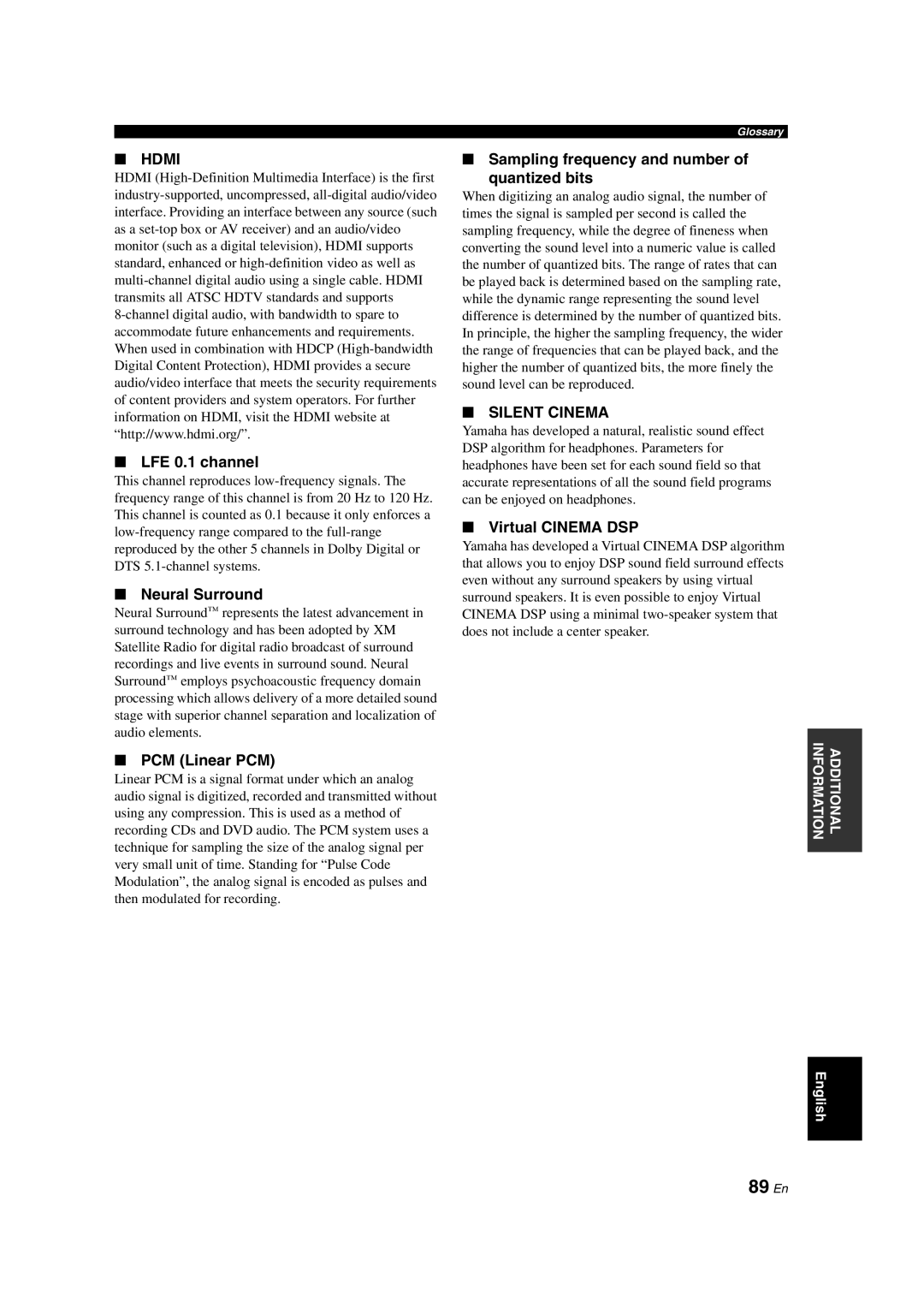 Yamaha RX-V463 89 En, LFE 0.1 channel, Neural Surround, PCM Linear PCM, Sampling frequency and number Quantized bits 