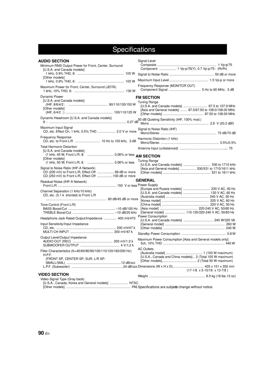 Yamaha RX-V463 owner manual Specifications, 90 En 