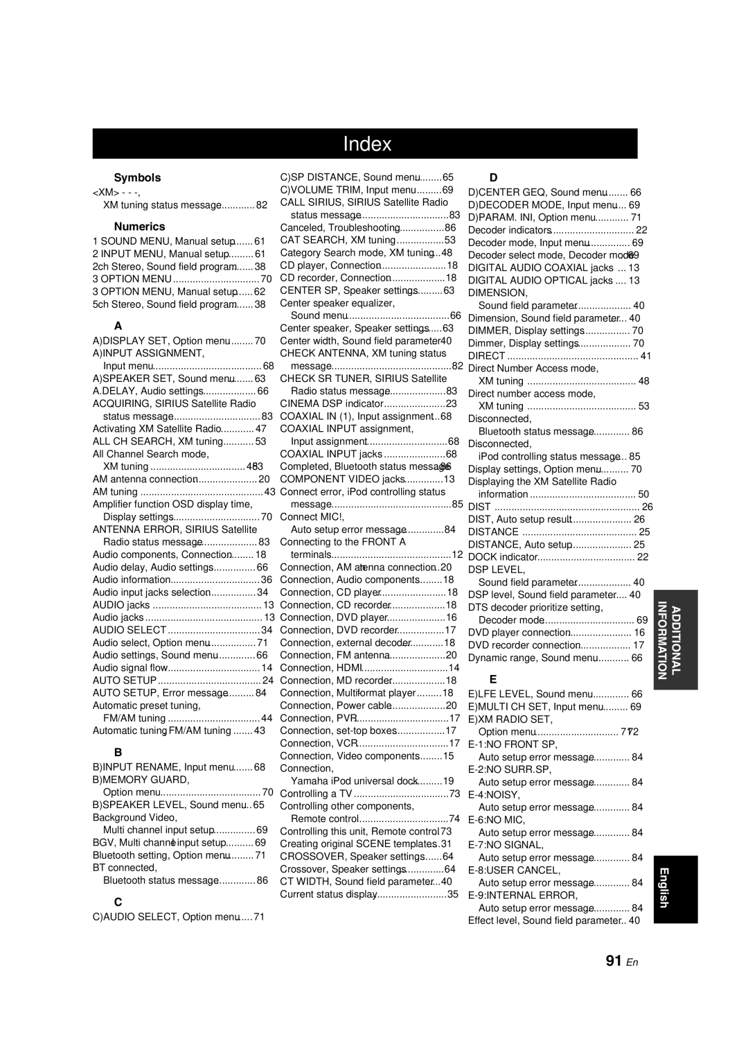 Yamaha RX-V463 owner manual Index, 91 En, Symbols, Numerics 