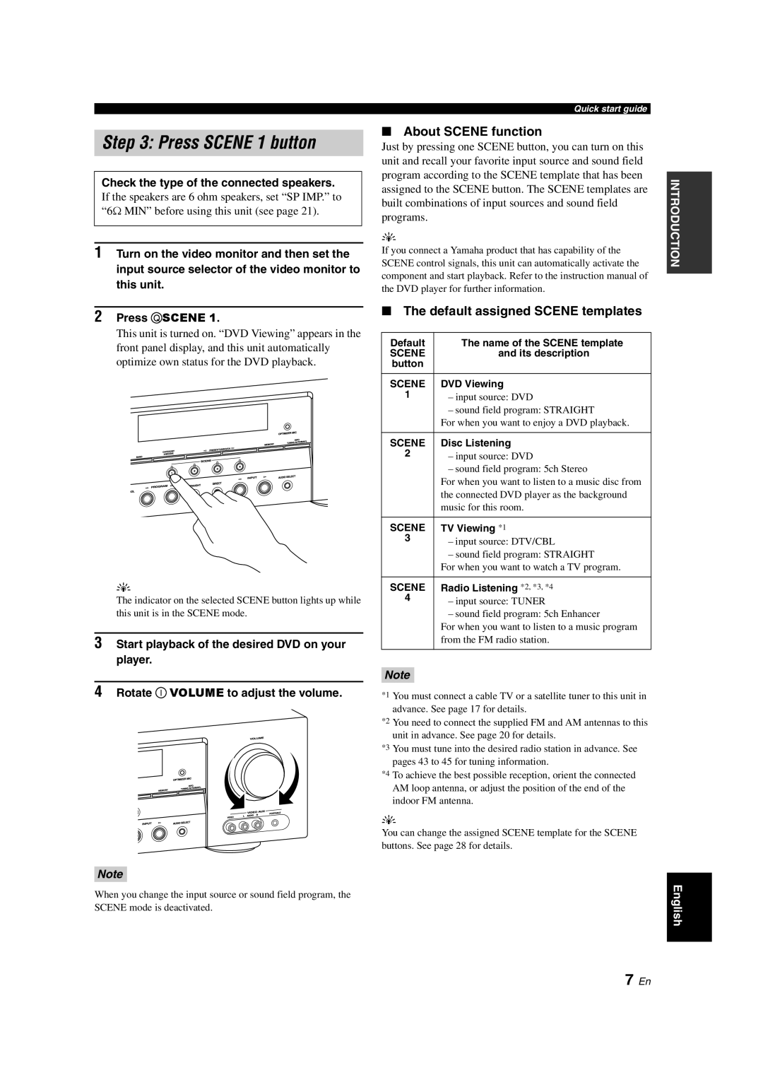 Yamaha RX-V463 owner manual 7 En, About SCENE function, The default assigned SCENE templates, Press SCENE 1 button 