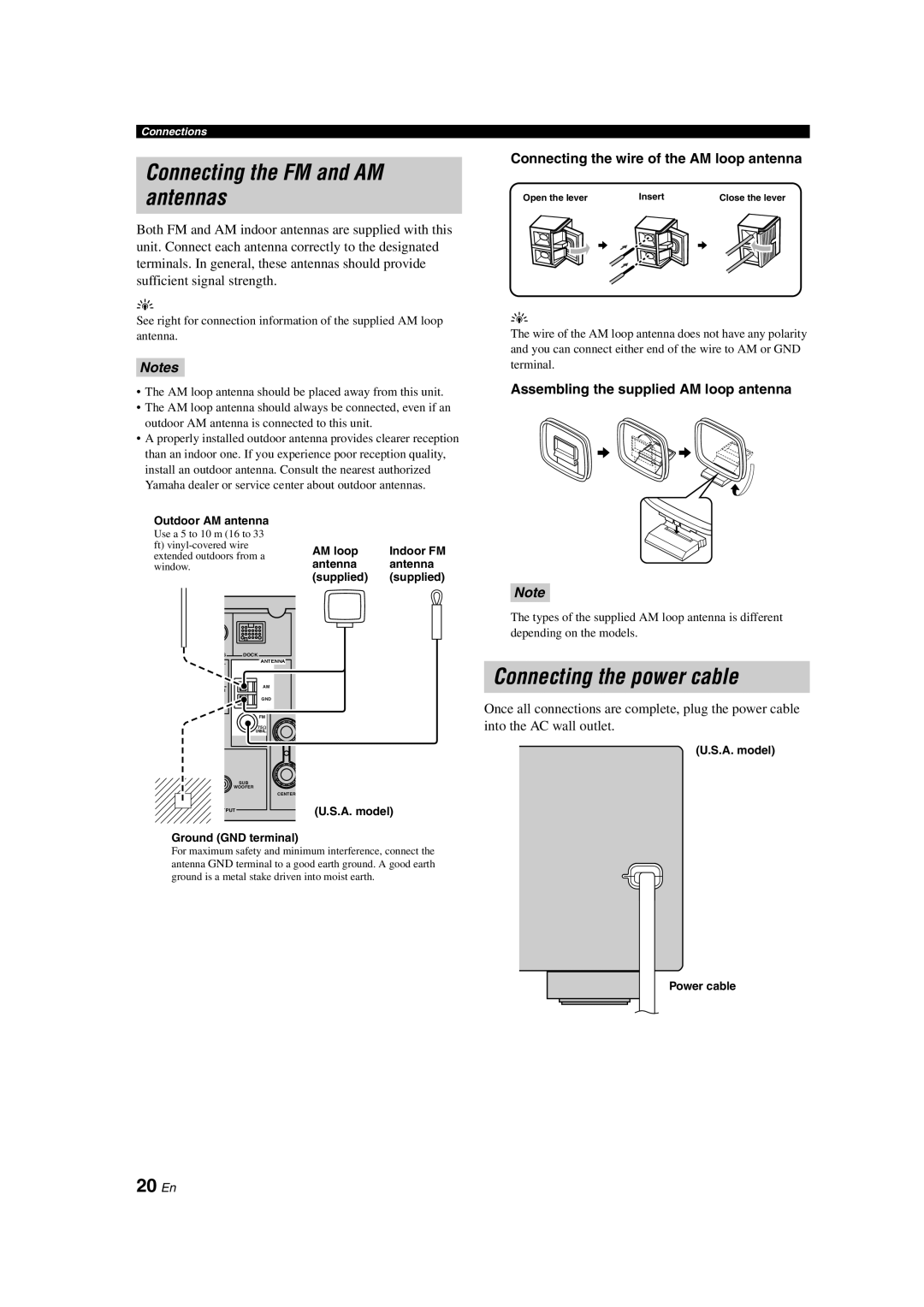 Yamaha RX-V463 owner manual Connecting the FM and AM antennas, Connecting the power cable, 20 En, Notes 