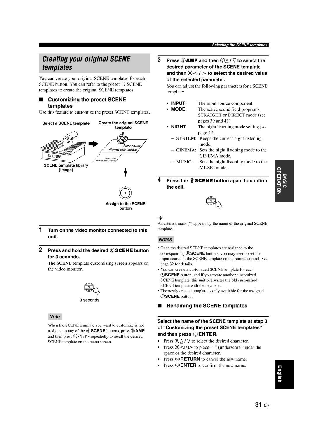 Yamaha RX-V463 owner manual Creating your original SCENE templates, 31 En, Customizing the preset SCENE templates, Notes 