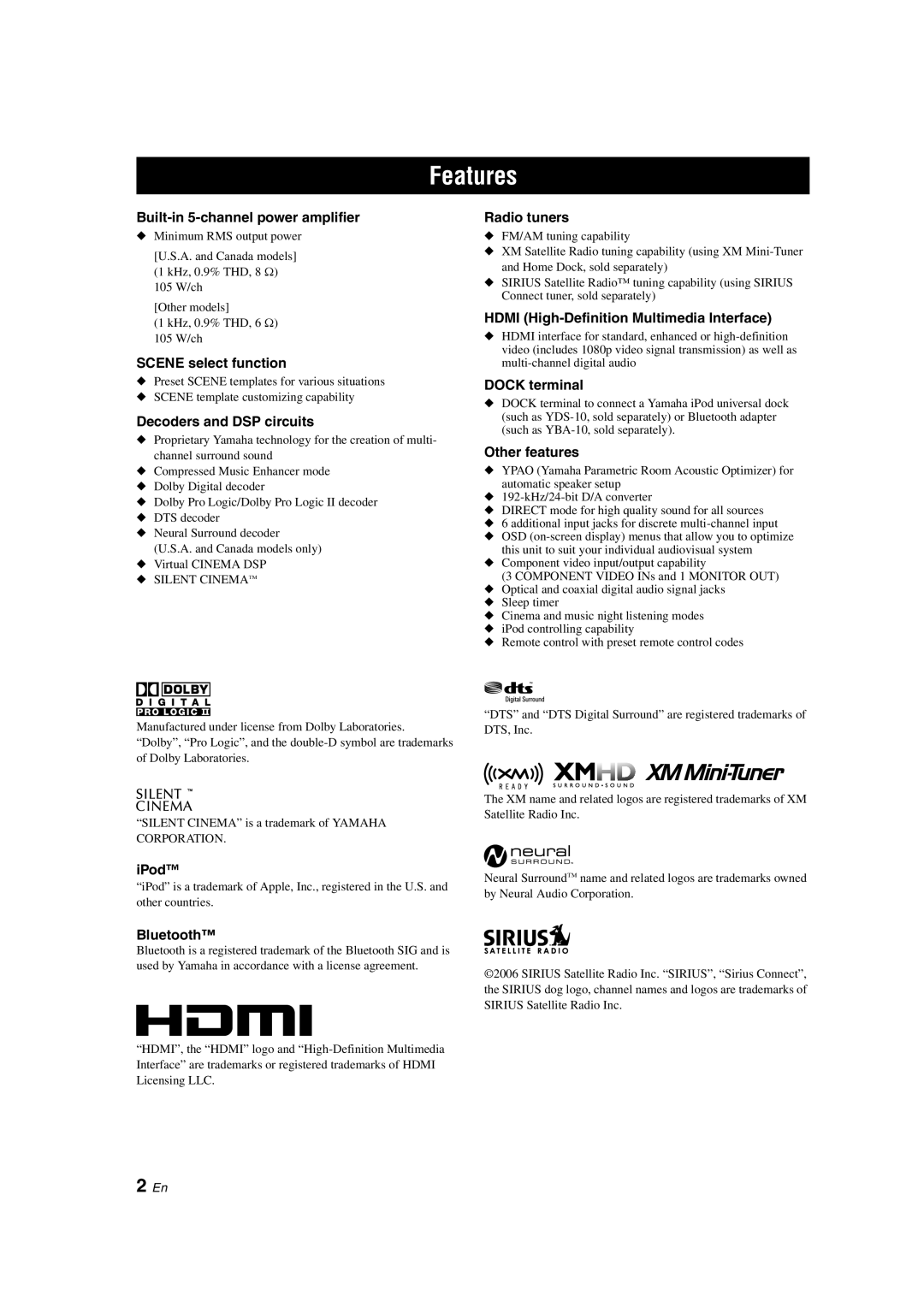 Yamaha RX-V463 owner manual Features, 2 En 