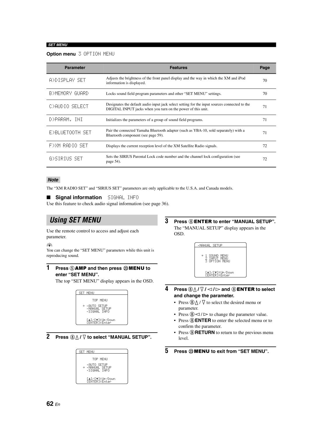 Yamaha RX-V463 owner manual Using SET MENU, 62 En, Signal information SIGNAL INFO 