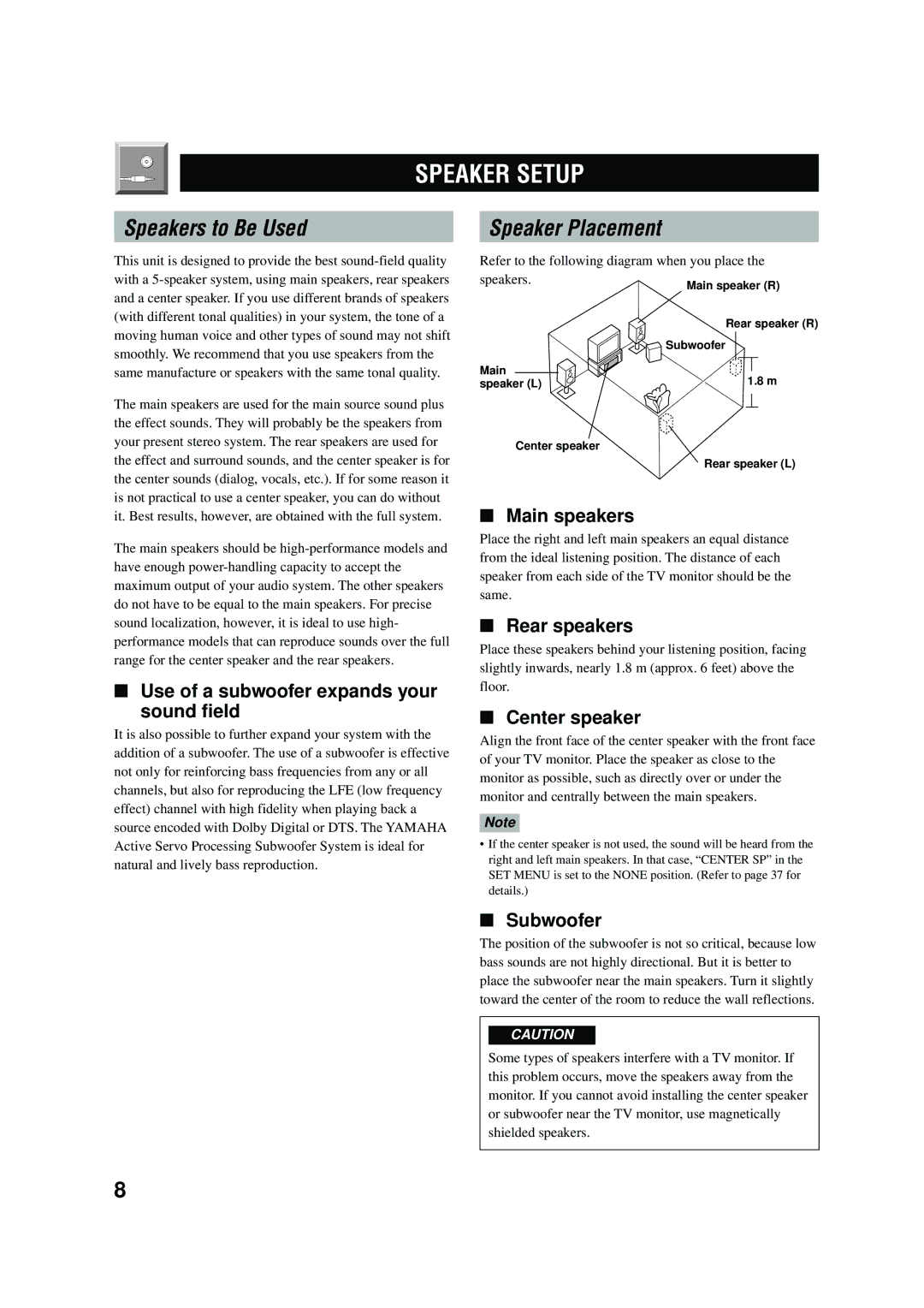 Yamaha RX-V496RDS owner manual Speaker Setup, Speakers to Be Used, Speaker Placement 