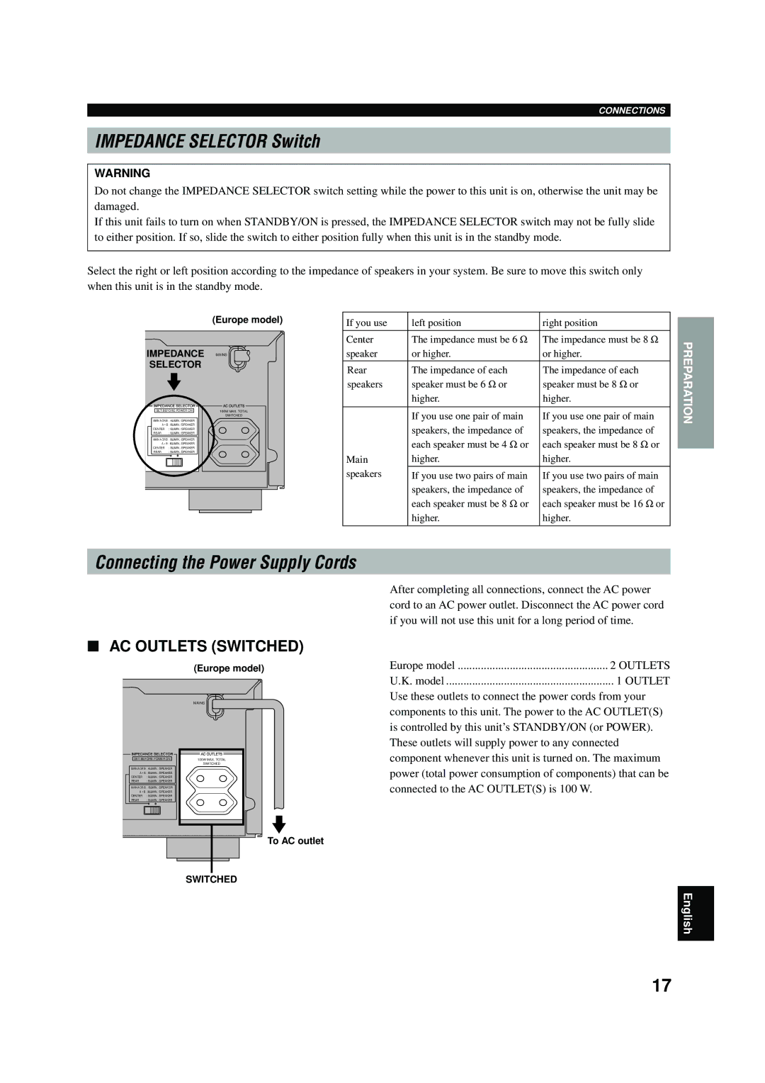 Yamaha RX-V496RDS owner manual Impedance Selector Switch, Connecting the Power Supply Cords, AC Outlets Switched 