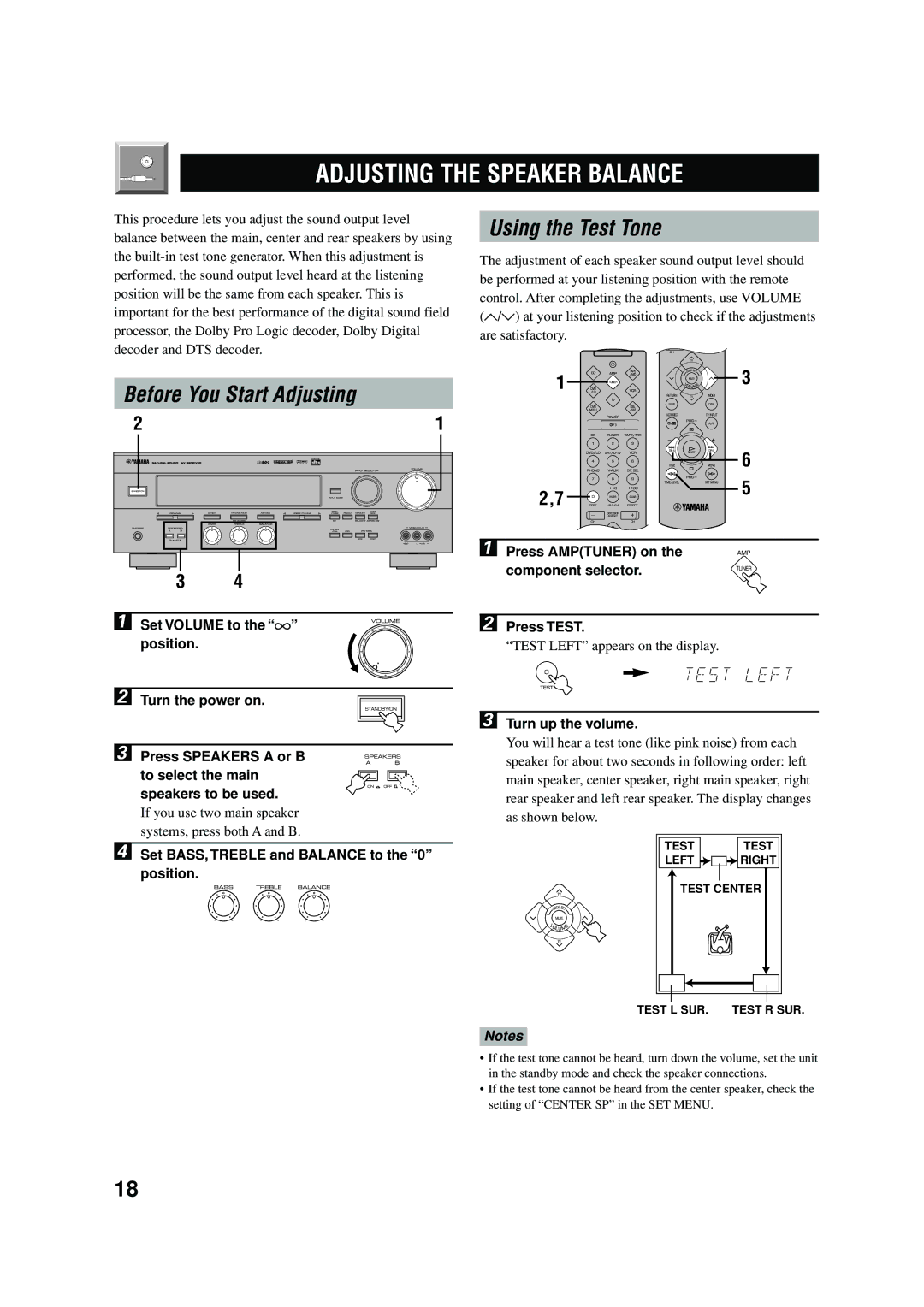 Yamaha RX-V496RDS Adjusting the Speaker Balance, Before You Start Adjusting Using the Test Tone, Turn up the volume 