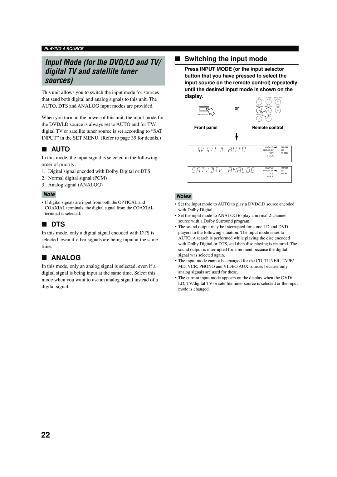 Yamaha RX-V496RDS owner manual Auto, Dts, Analog, Switching the input mode 