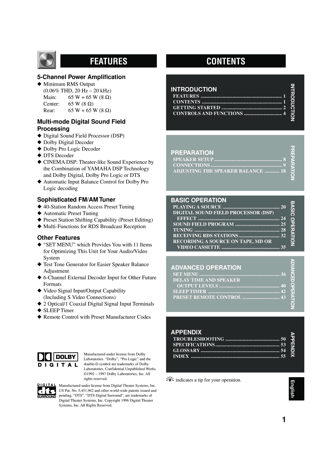 Yamaha RX-V496RDS owner manual Featurescontents 