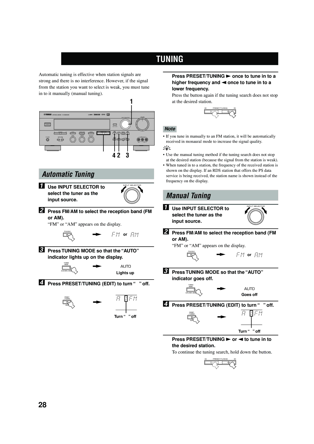 Yamaha RX-V496RDS owner manual Automatic Tuning, Manual Tuning, Press PRESET/TUNING Edit to turn z off 