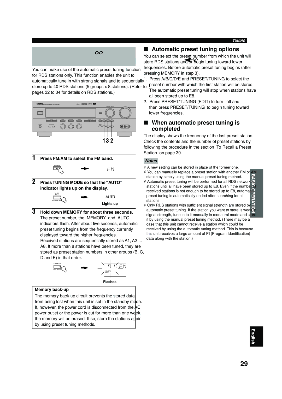 Yamaha RX-V496RDS owner manual Stations only, Automatic preset tuning options, When automatic preset tuning is completed 