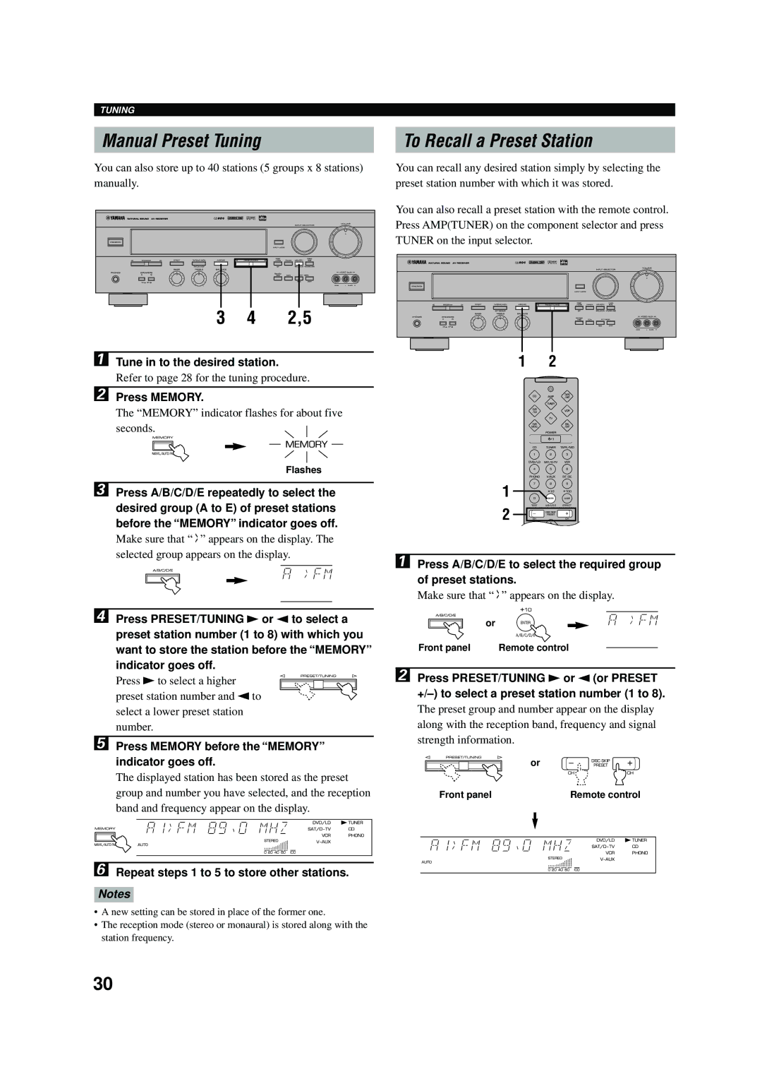 Yamaha RX-V496RDS owner manual Manual Preset Tuning, To Recall a Preset Station 