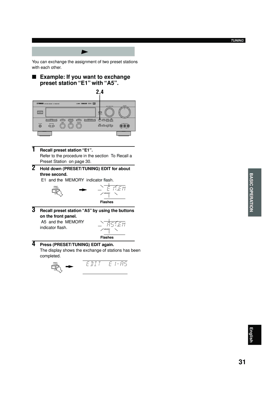 Yamaha RX-V496RDS owner manual Exchanging Preset Stations, Example If you want to exchange preset station E1 with A5 