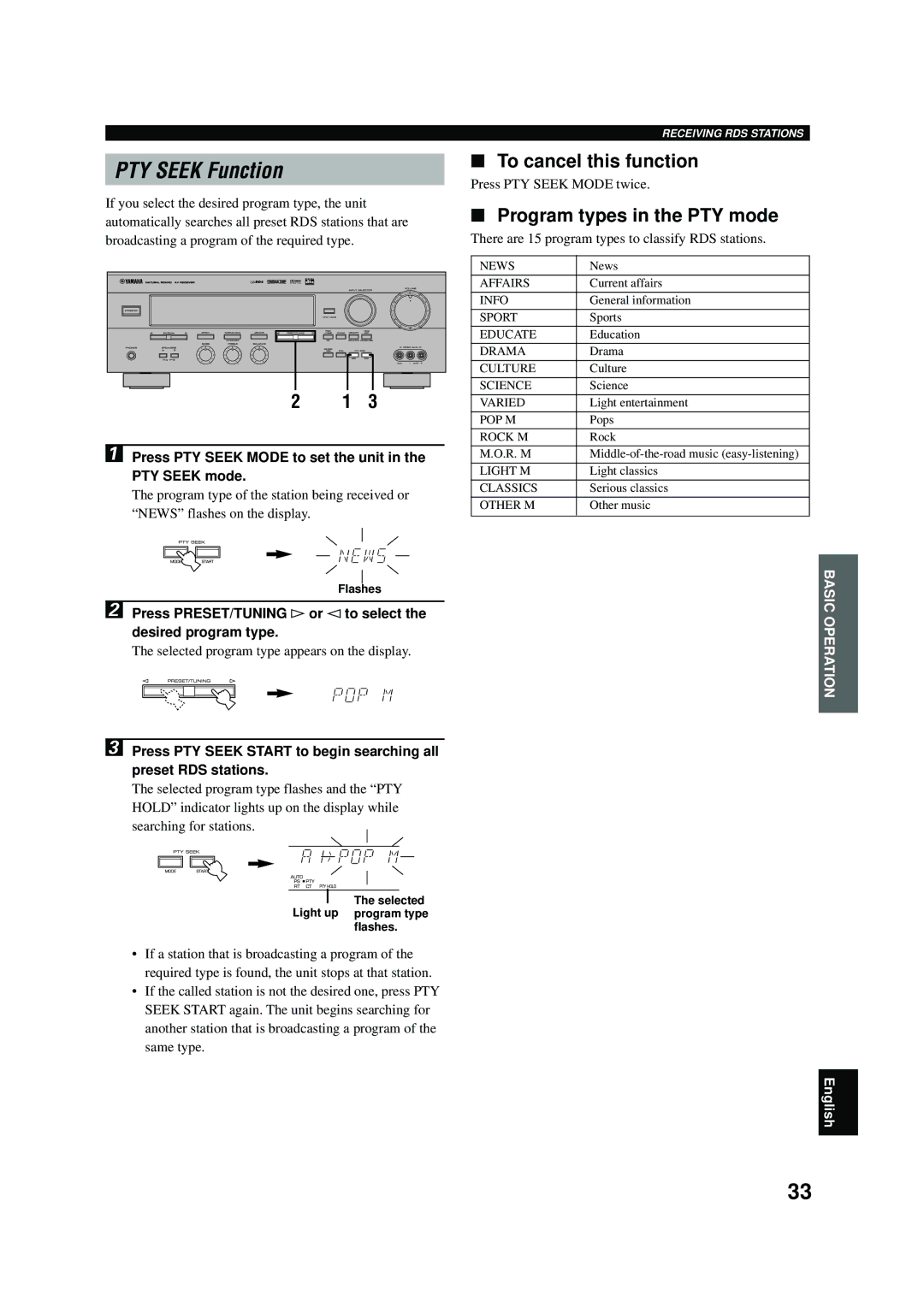 Yamaha RX-V496RDS owner manual PTY Seek Function, To cancel this function, Program types in the PTY mode 