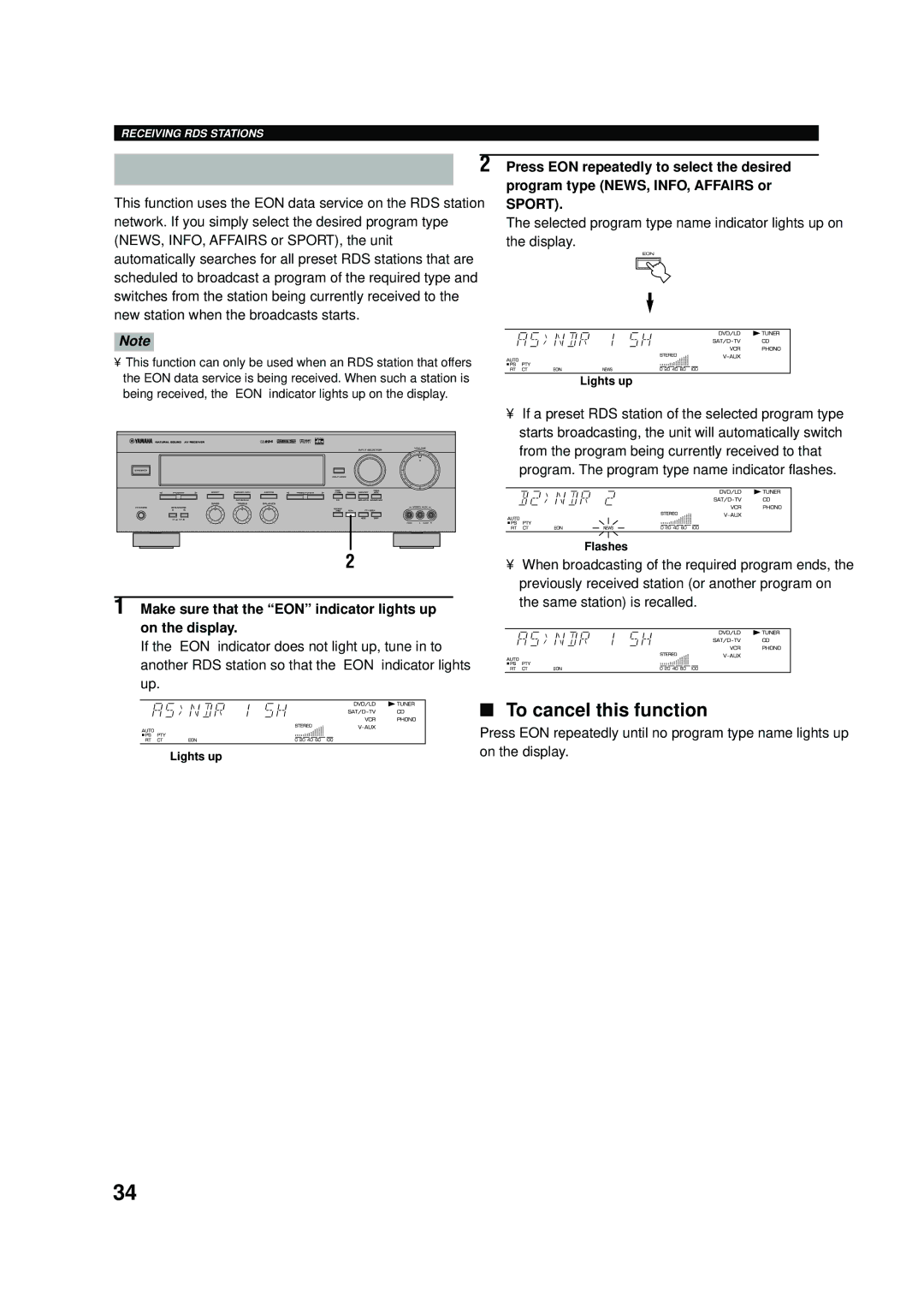 Yamaha RX-V496RDS owner manual EON Function, Make sure that the EON indicator lights up on the display 