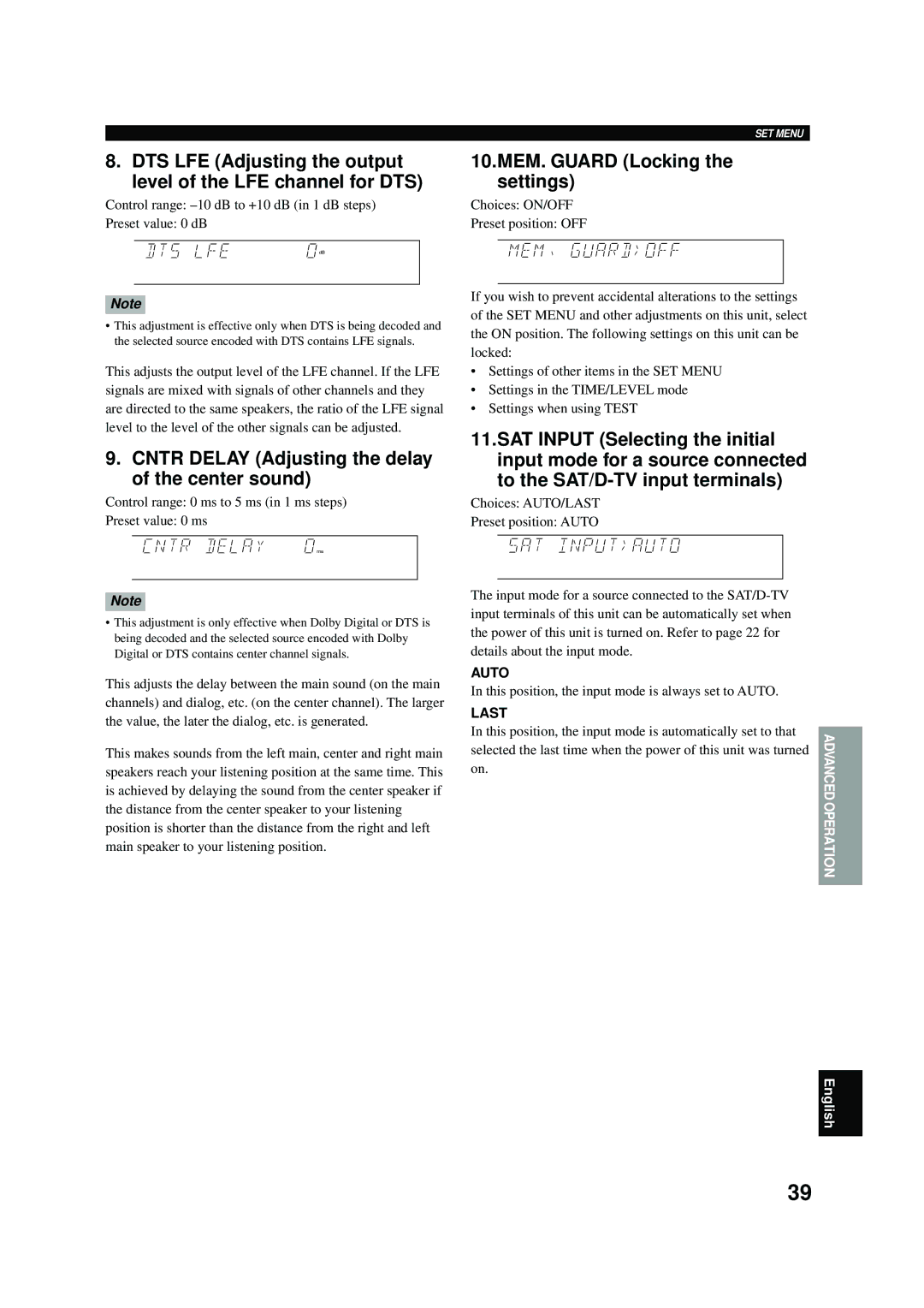 Yamaha RX-V496RDS owner manual Cntr Delay Adjusting the delay of the center sound, Auto, Last 