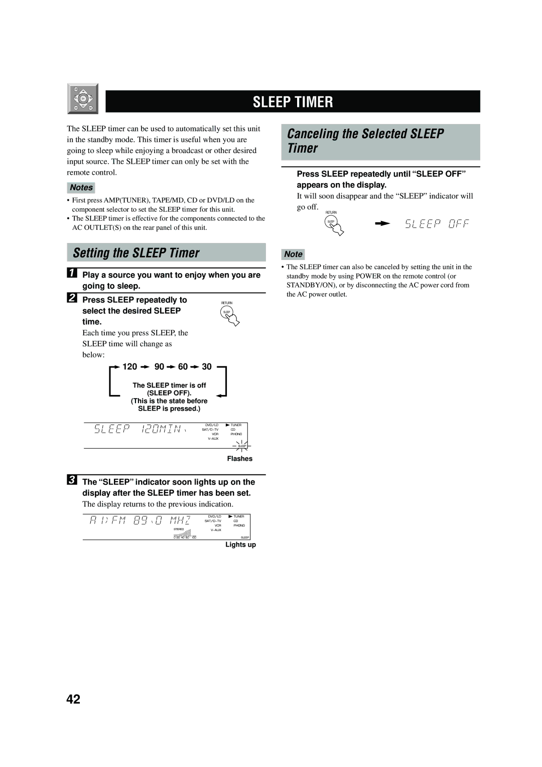 Yamaha RX-V496RDS owner manual Canceling the Selected Sleep Timer, Setting the Sleep Timer 