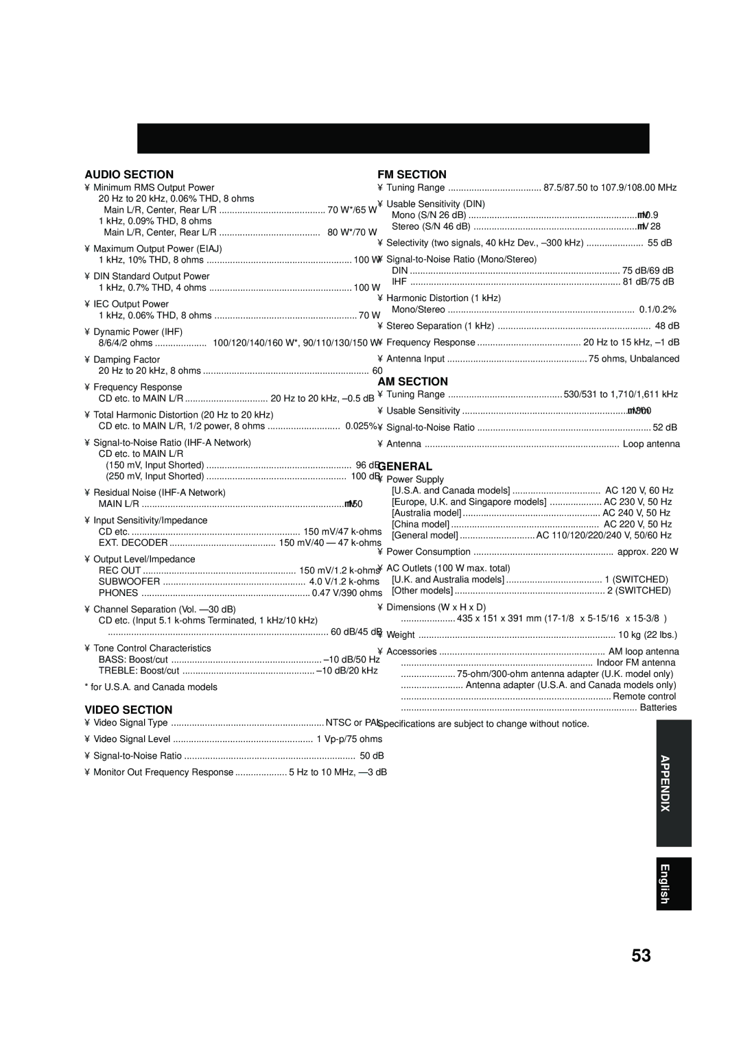 Yamaha RX-V496RDS owner manual Specifications 