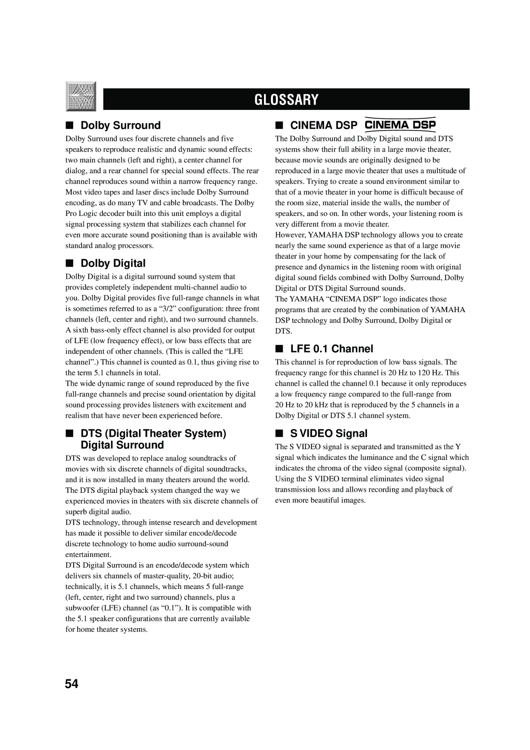 Yamaha RX-V496RDS owner manual Glossary, Cinema DSP Cinema DSP 