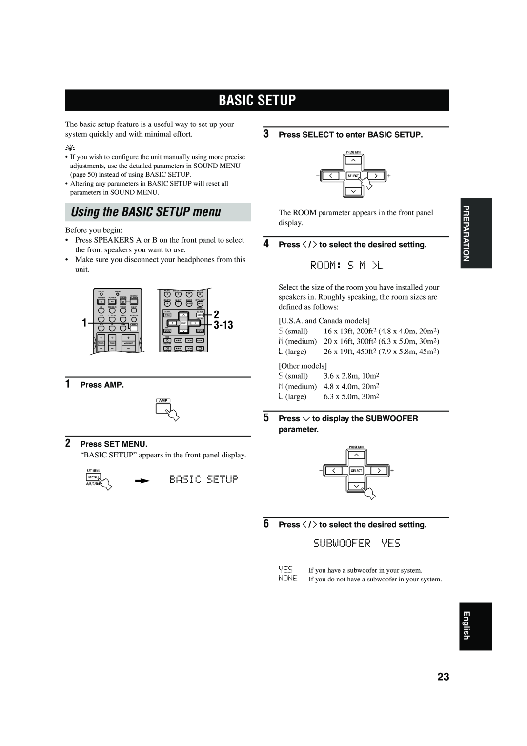 Yamaha RX-V550 Basic Setup, Using the BASIC SETUP menu, Room S M L, Subwoofer Yes, 3-13, Press SELECT to enter BASIC SETUP 