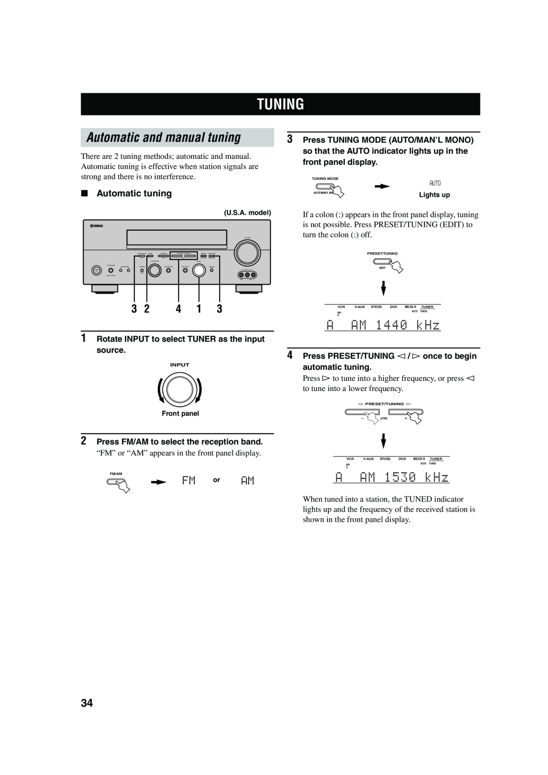 Yamaha RX-V550 Tuning, Automatic and manual tuning, 1A-AAM11440kkHz, 1A-AAM11530kkHz, FM or AM, Automatic tuning 