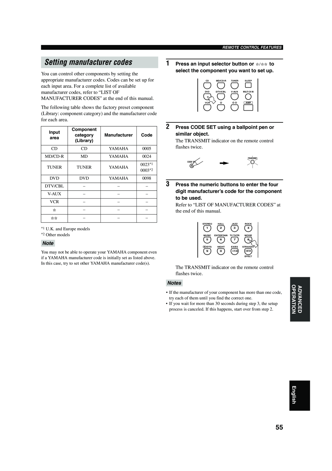 Yamaha RX-V550 owner manual Setting manufacturer codes, Input, Component, Code 