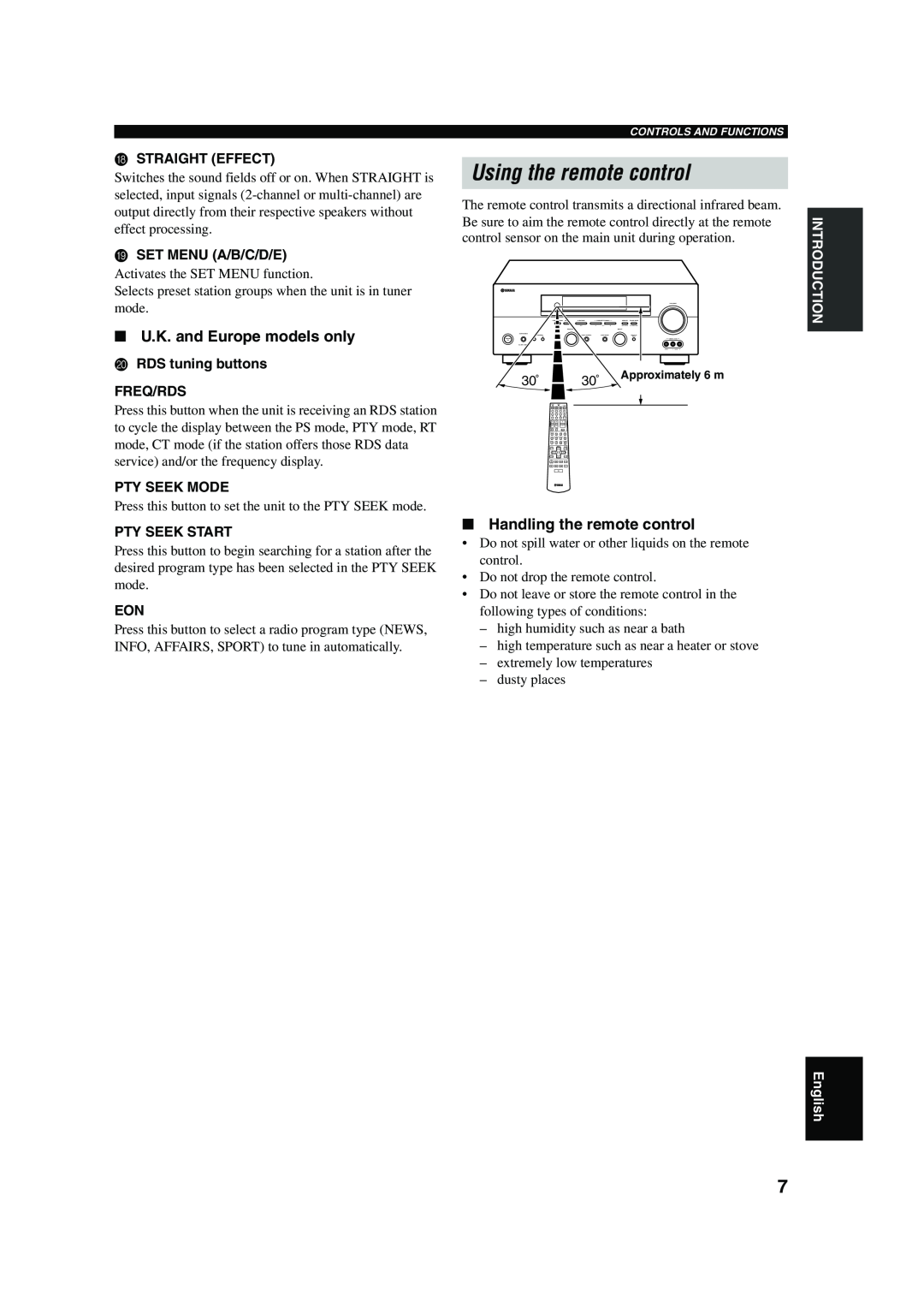 Yamaha RX-V550 Using the remote control, Handling the remote control, Hstraight Effect, Iset Menu A/B/C/D/E, Pty Seek Mode 