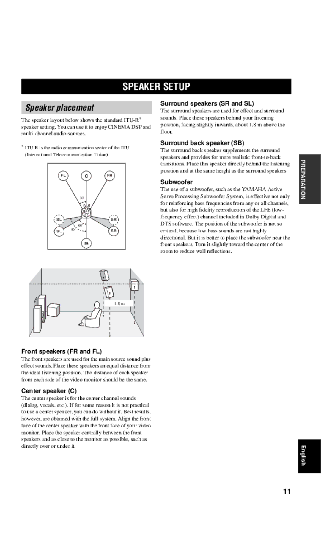 Yamaha RX-V557 owner manual Speaker Setup, Speaker placement 