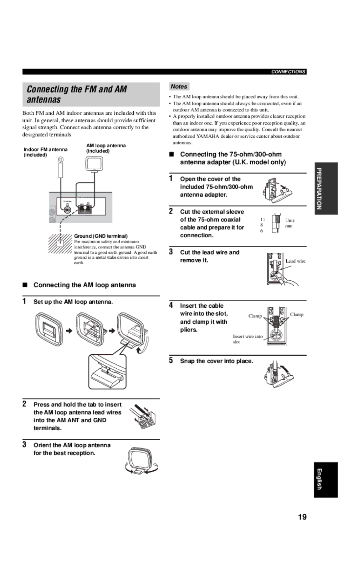 Yamaha RX-V557 owner manual Connecting the FM and AM antennas, Insert the cable Wire into the slot, Clamp it with Pliers 