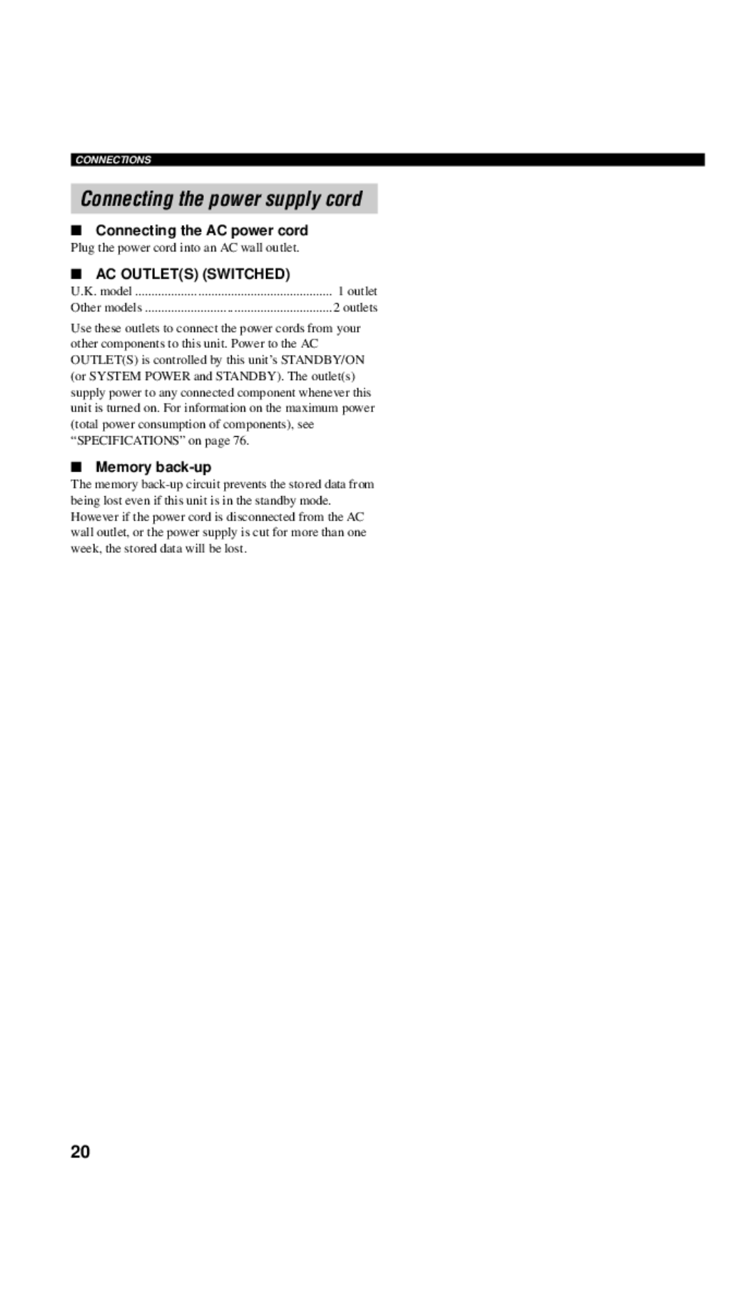 Yamaha RX-V557 Connecting the power supply cord, Connecting the AC power cord, AC Outlets Switched, Memory back-up 