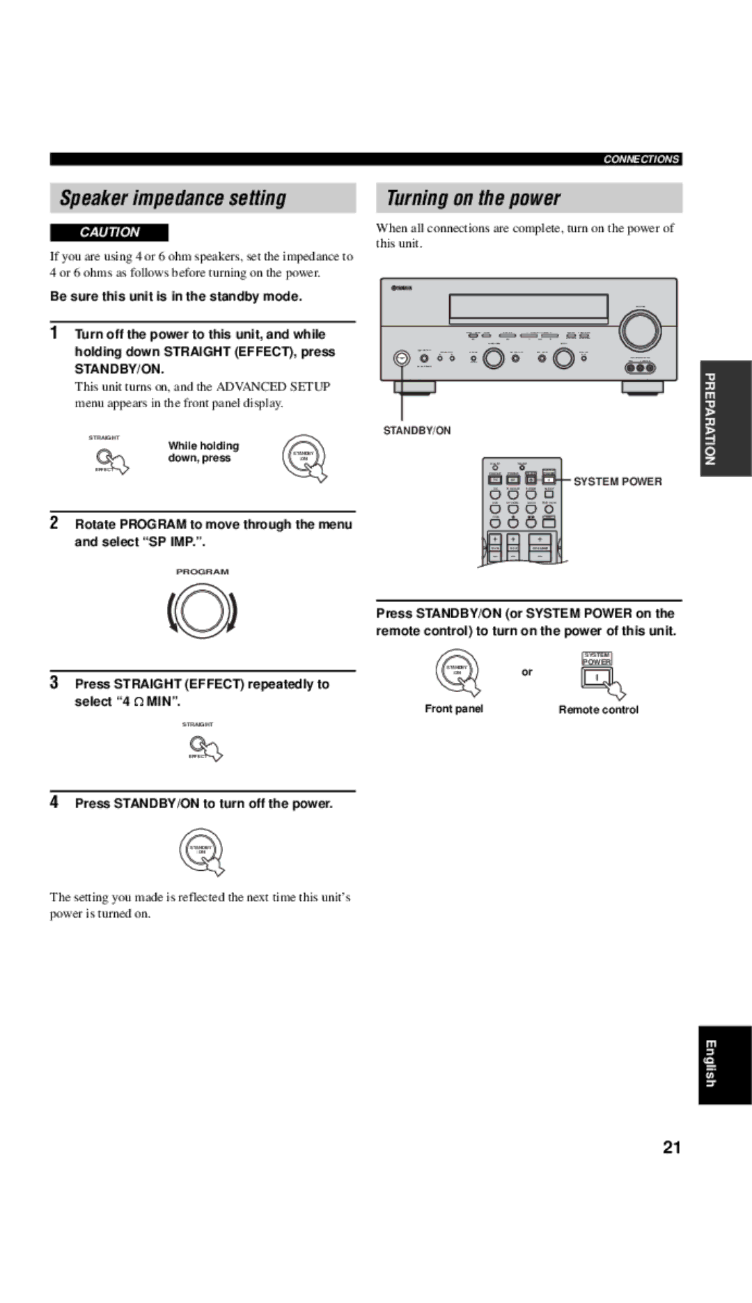 Yamaha RX-V557 Speaker impedance setting, Turning on the power, Rotate Program to move through the menu and select SP IMP 