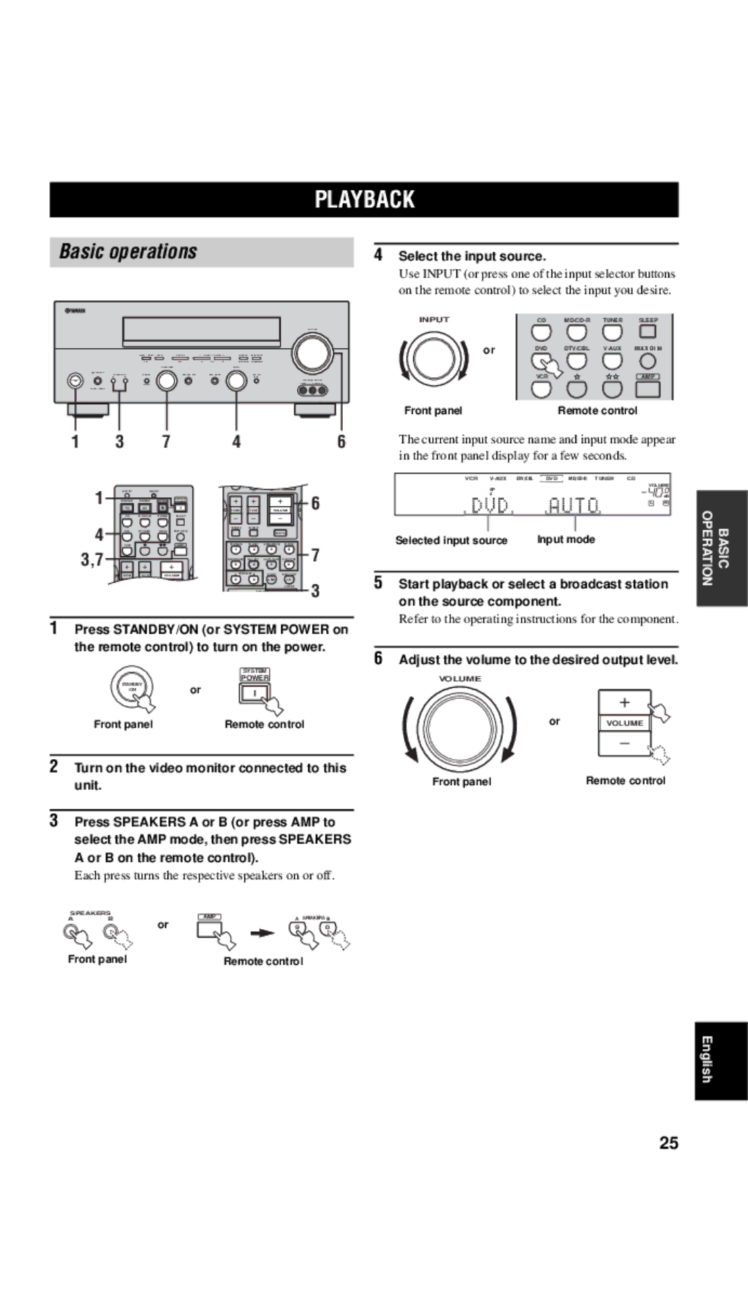 Yamaha RX-V557 Playback, Basic operations, Select the input source, Adjust the volume to the desired output level 