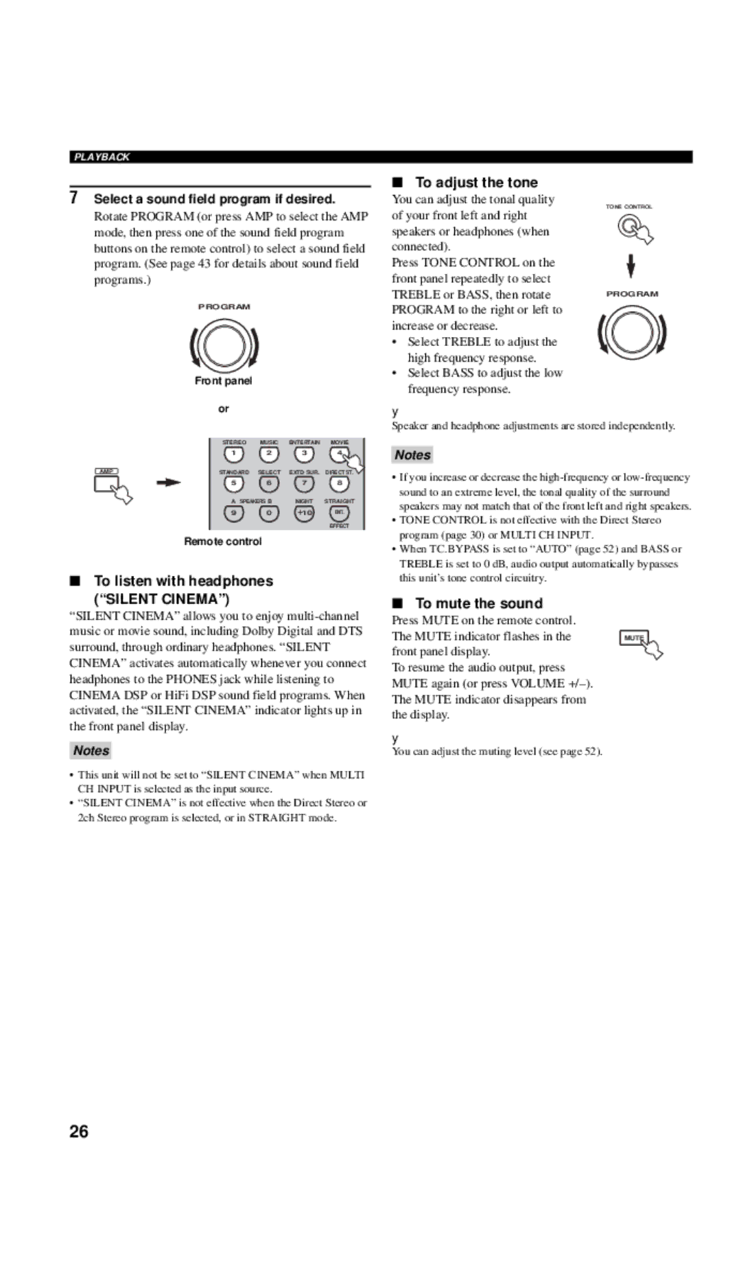 Yamaha RX-V557 Select a sound field program if desired, To listen with headphones, Silent Cinema, To adjust the tone 