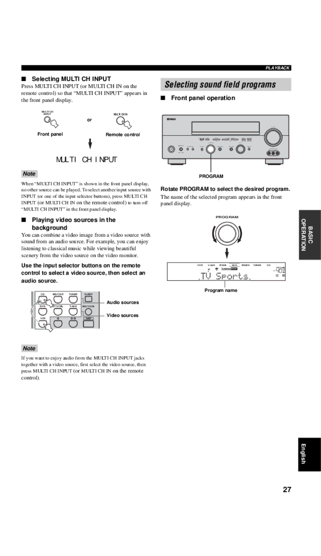 Yamaha RX-V557 owner manual Selecting sound field programs, Selecting Multi CH Input, Playing video sources Background 