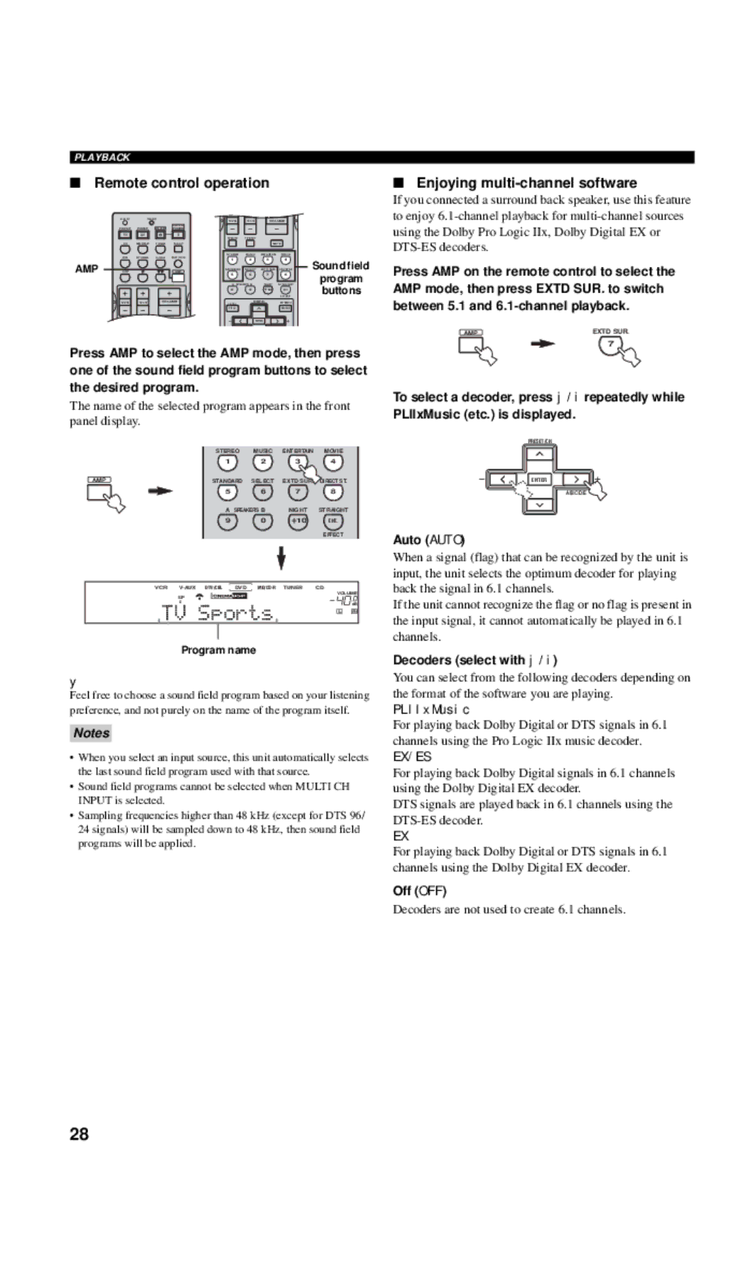 Yamaha RX-V557 Remote control operation, Enjoying multi-channel software, Auto Auto, Decoders select with j, Off OFF 