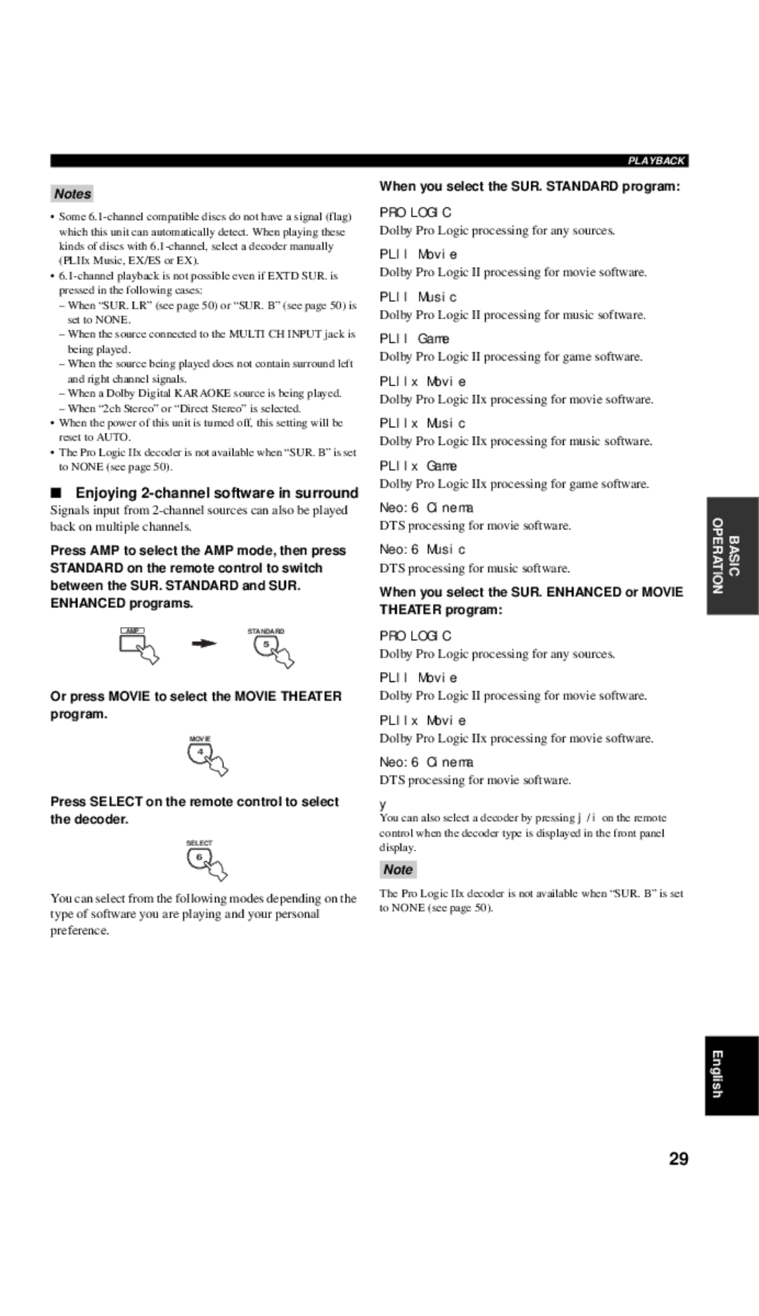 Yamaha RX-V557 owner manual Enjoying 2-channel software in surround, Or press Movie to select the Movie Theater program 