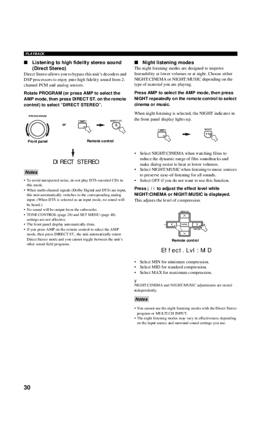 Yamaha RX-V557 owner manual Listening to high fidelity stereo sound Direct Stereo, Night listening modes 