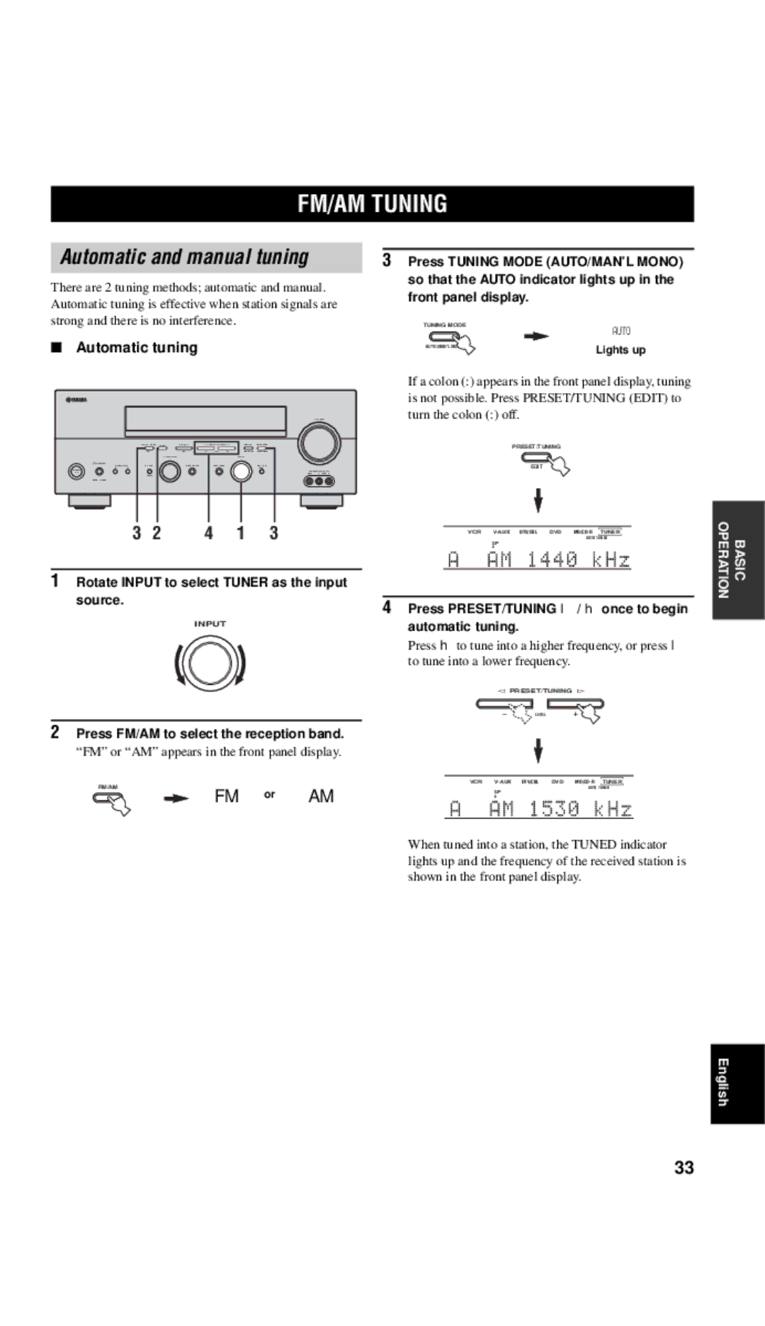 Yamaha RX-V557 owner manual FM/AM Tuning, Automatic and manual tuning 