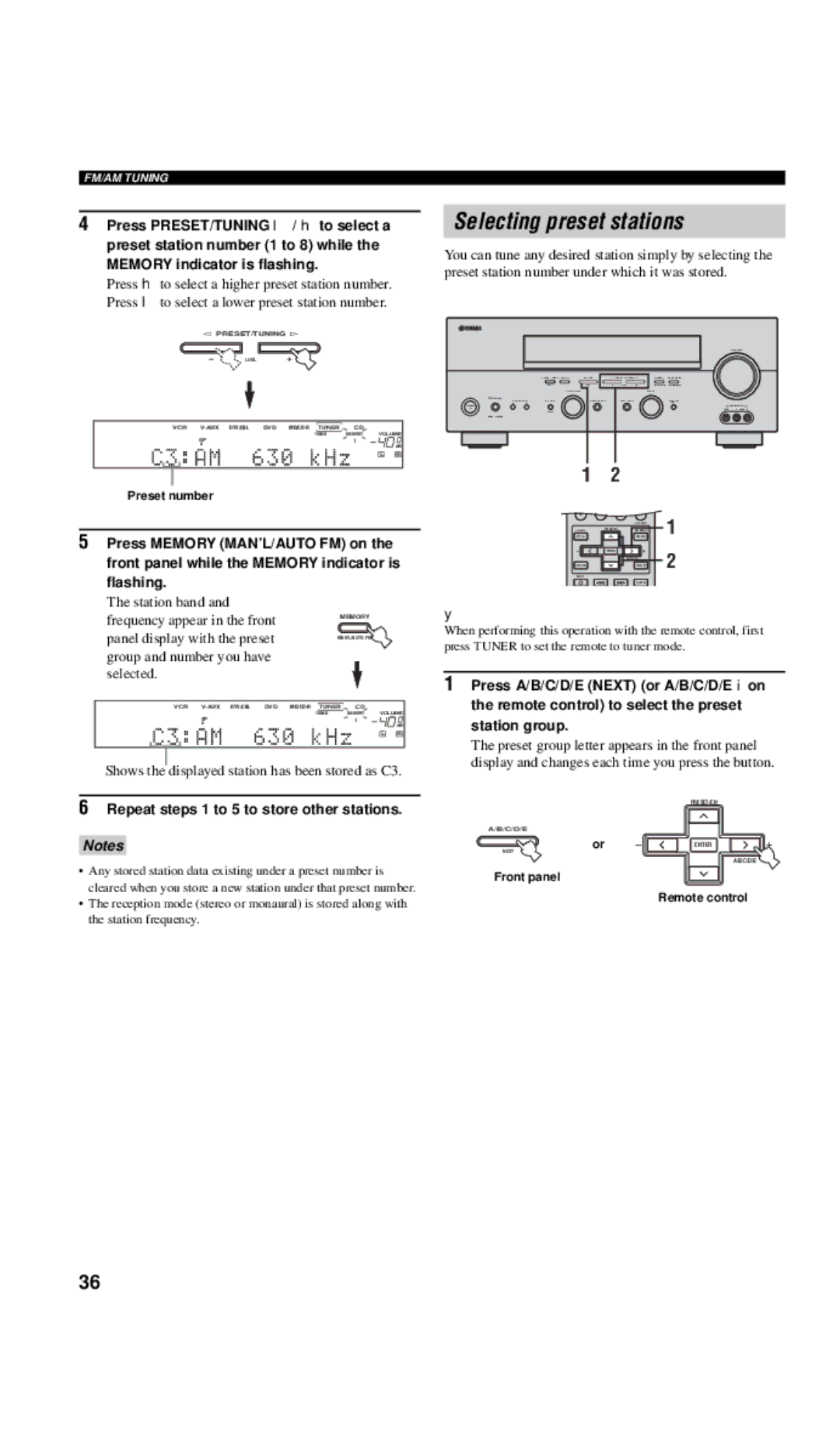 Yamaha RX-V557 owner manual Selecting preset stations, Shows the displayed station has been stored as C3 