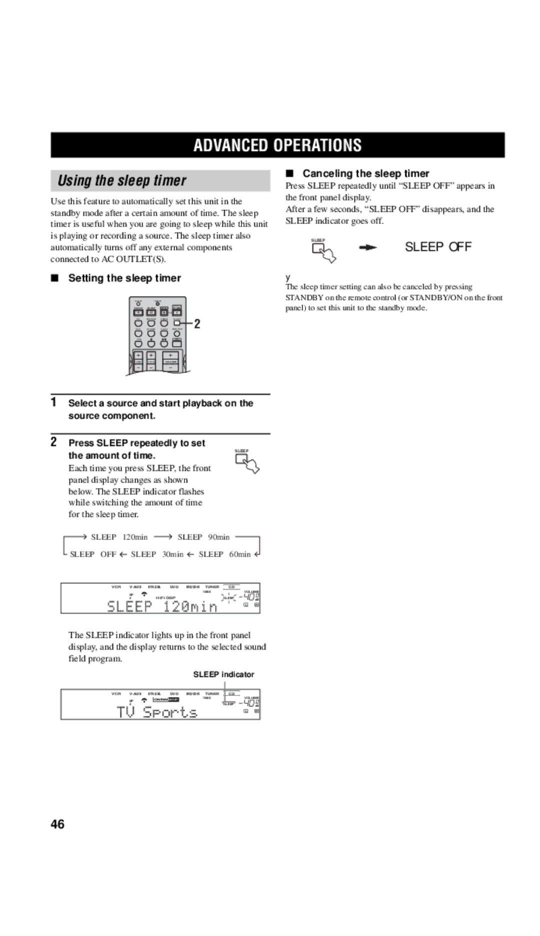 Yamaha RX-V557 owner manual Advanced Operations, Using the sleep timer, Setting the sleep timer Canceling the sleep timer 