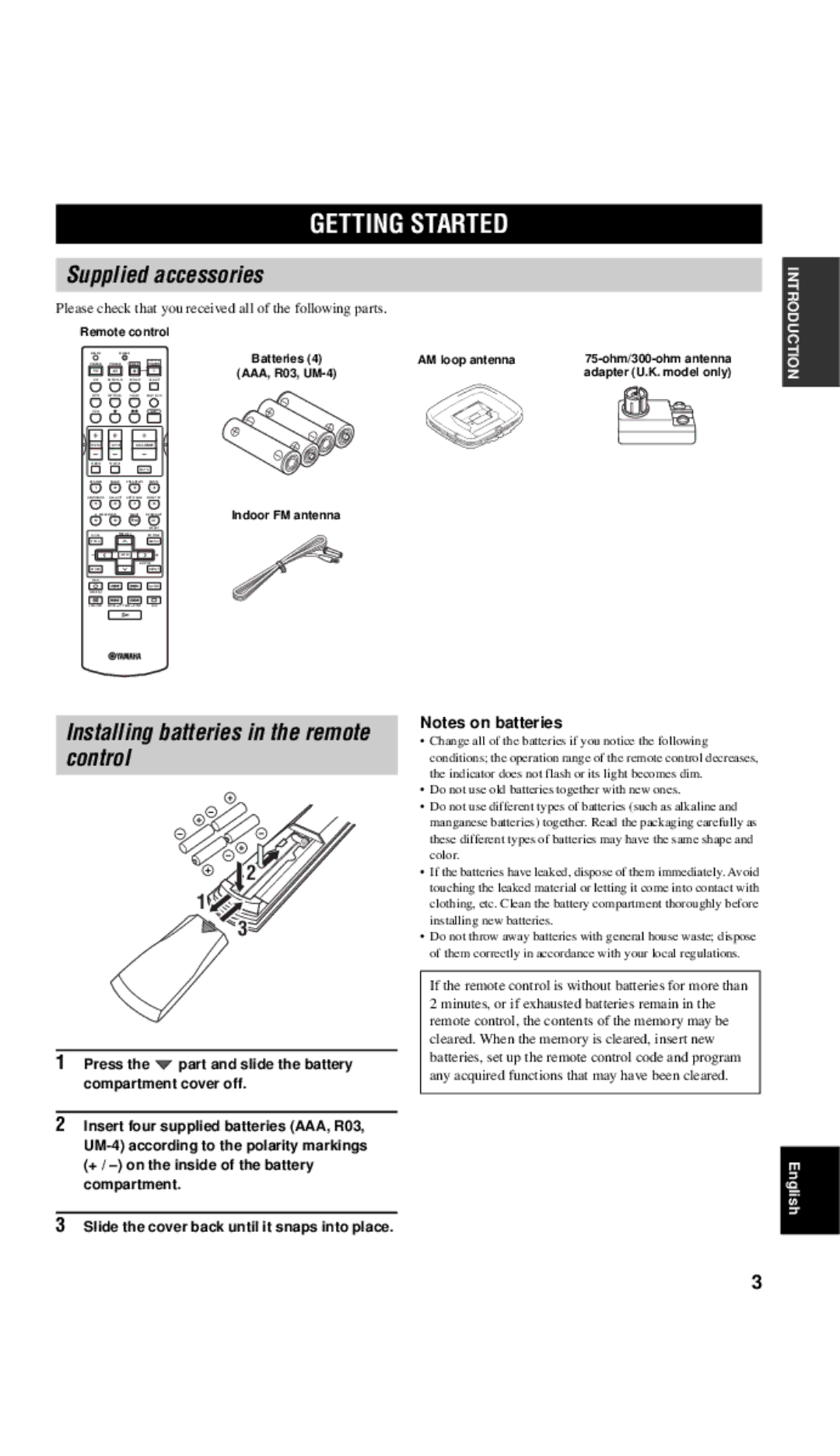 Yamaha RX-V557 owner manual Getting Started, Supplied accessories, Installing batteries in the remote control 