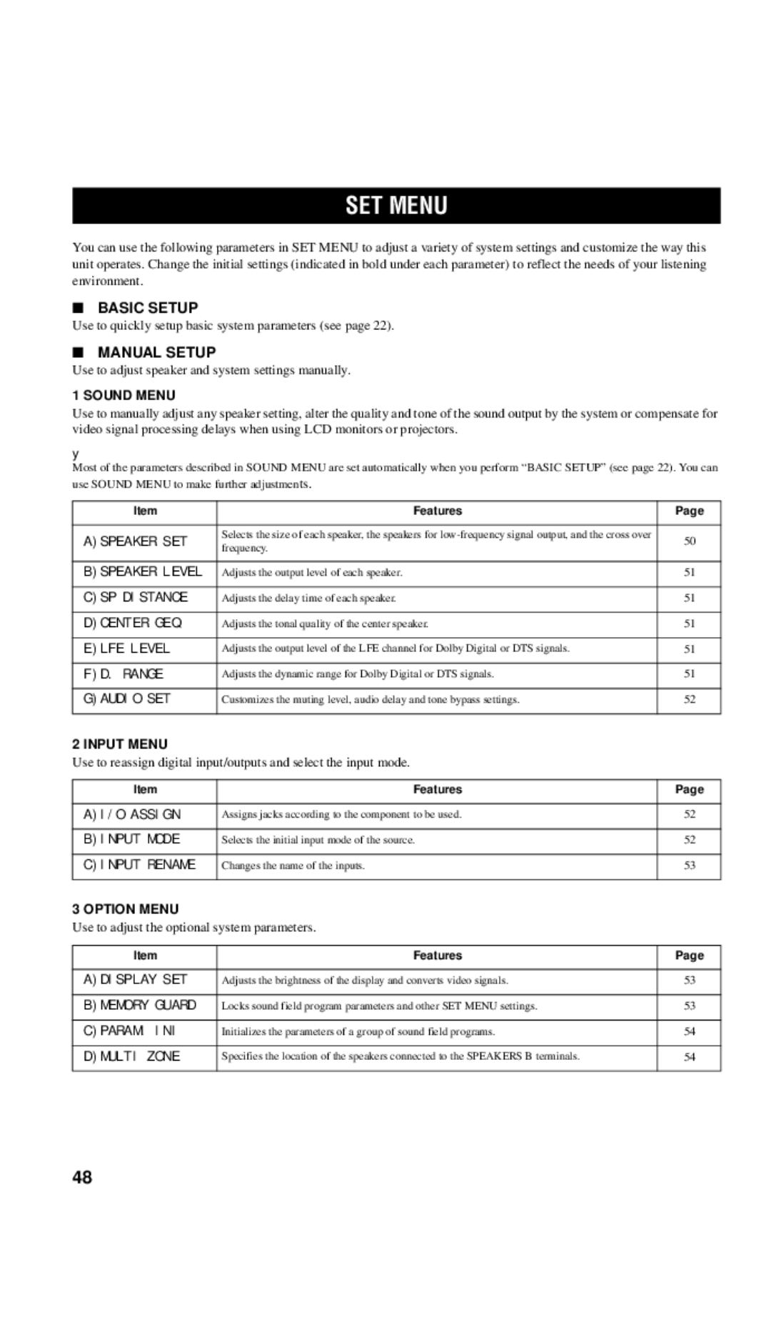 Yamaha RX-V557 owner manual SET Menu 