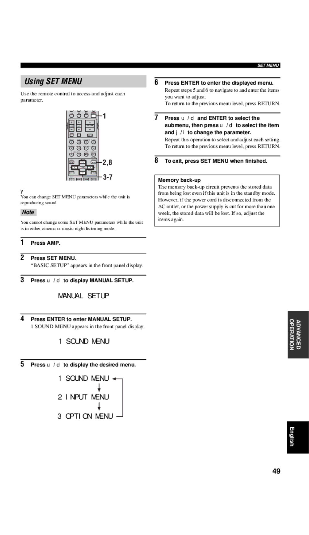 Yamaha RX-V557 owner manual Using SET Menu 