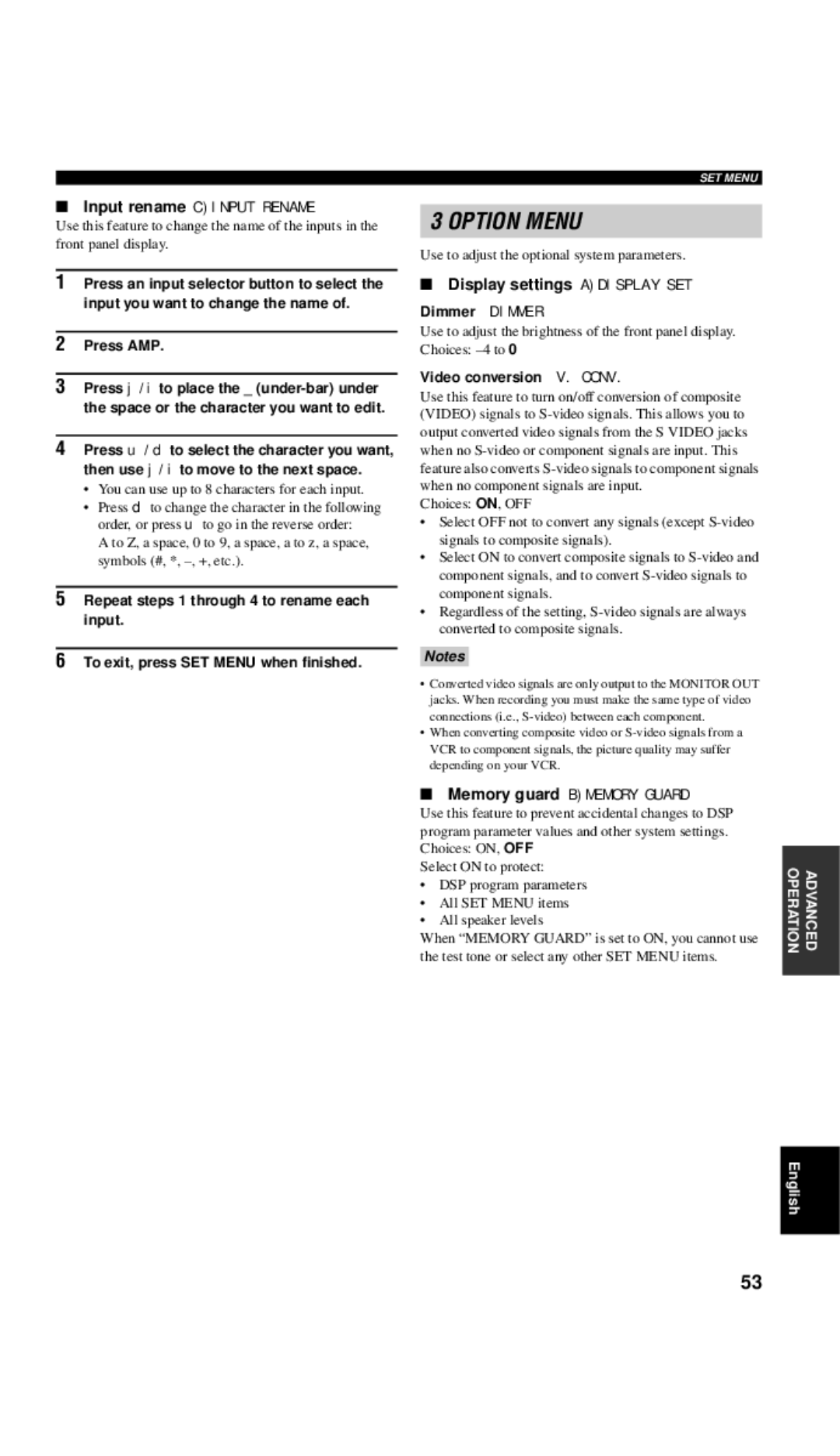 Yamaha RX-V557 owner manual Display settings Adisplay SET Dimmer Dimmer, Video conversion V. Conv 