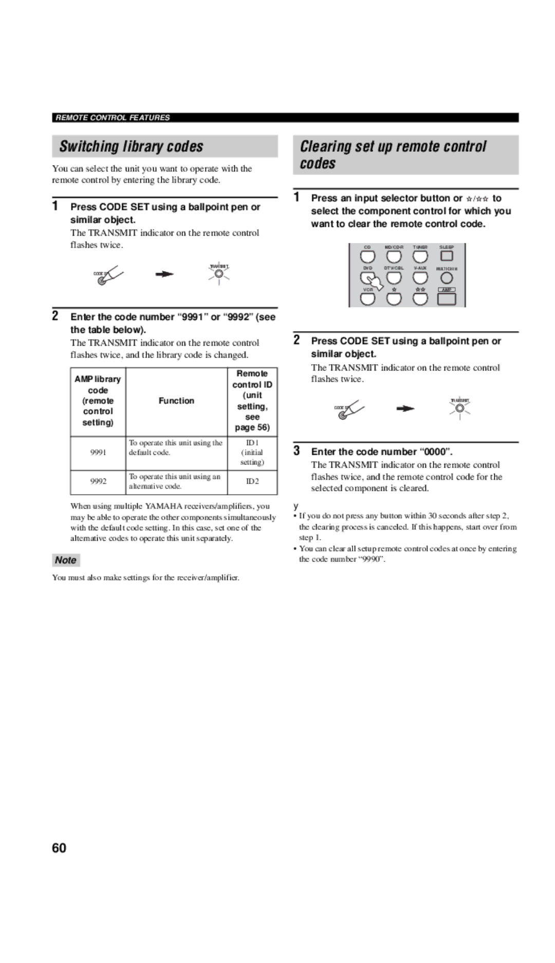 Yamaha RX-V557 owner manual Switching library codes, Clearing set up remote control codes, Enter the code number 